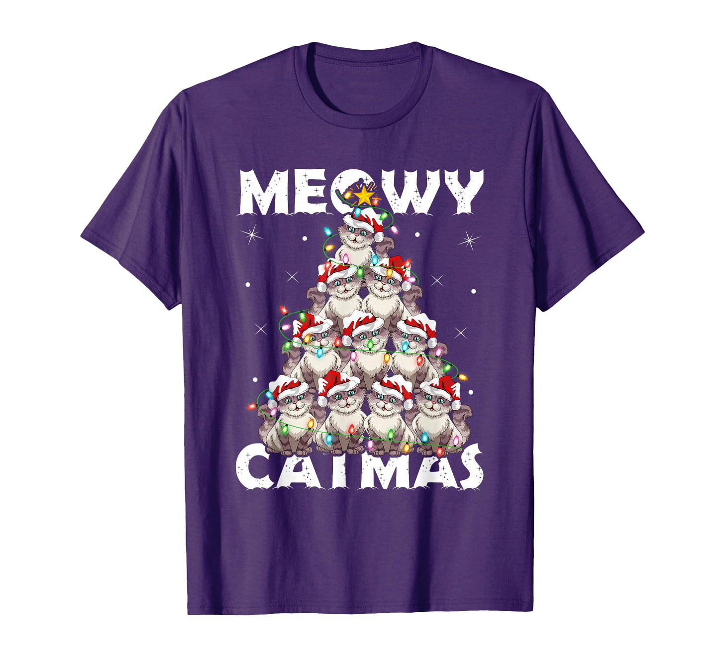Cats Christmas Tree Lights Meowy Catmas Boys Girls Cat Xmas T-Shirt