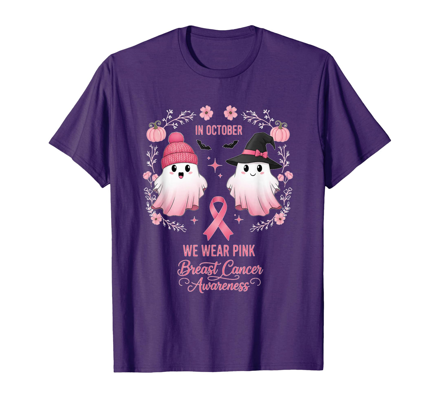 in October We Wear Pink Ghost Witch Breast Cancer Awareness T-Shirt