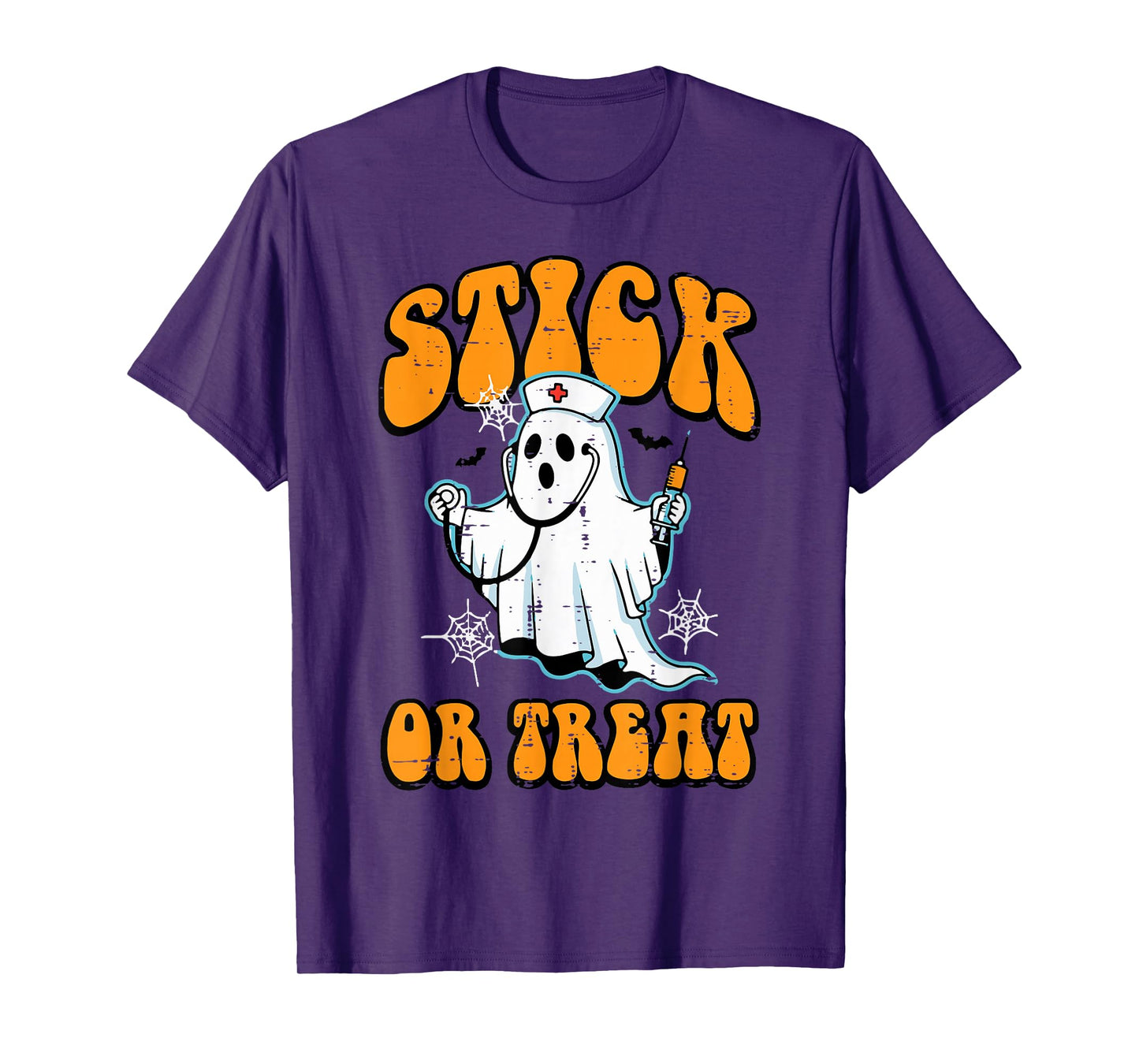 Halloween Ghost Nurse Stick Or Treat Costume Scrub Top Women T-Shirt
