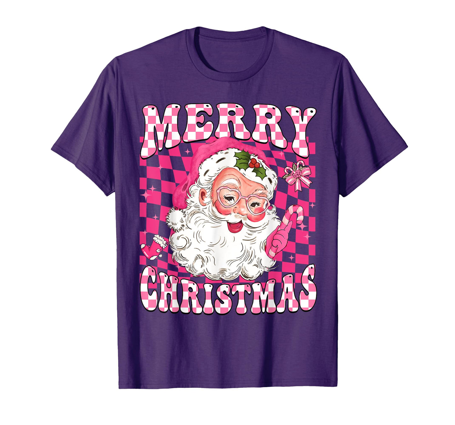 Retro Merry Christmas Vintage Pink Santa Checkered Groovy T-Shirt