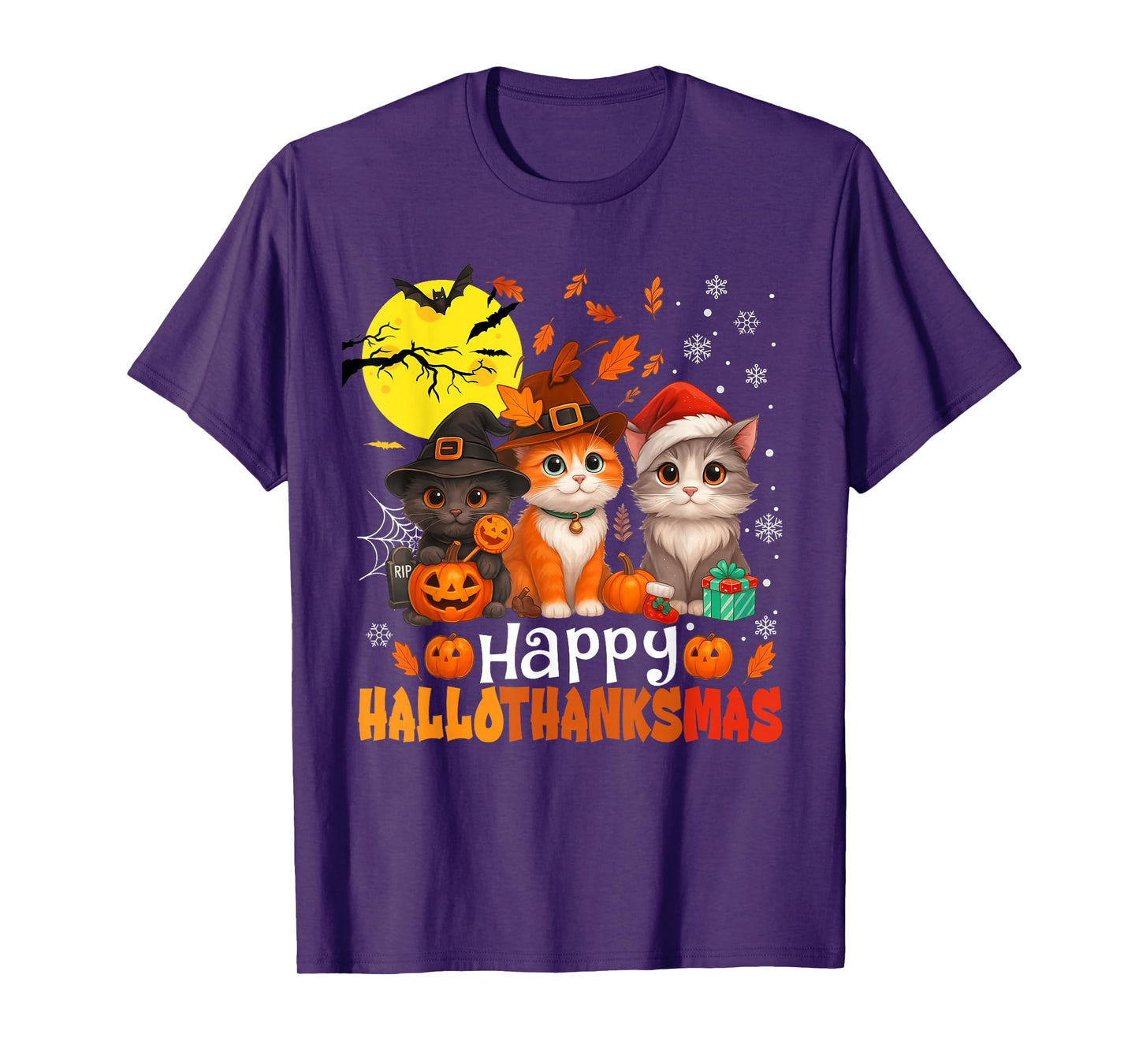 Halloween Thanksgiving Christmas Happy HalloThanksMas Cats T-Shirt