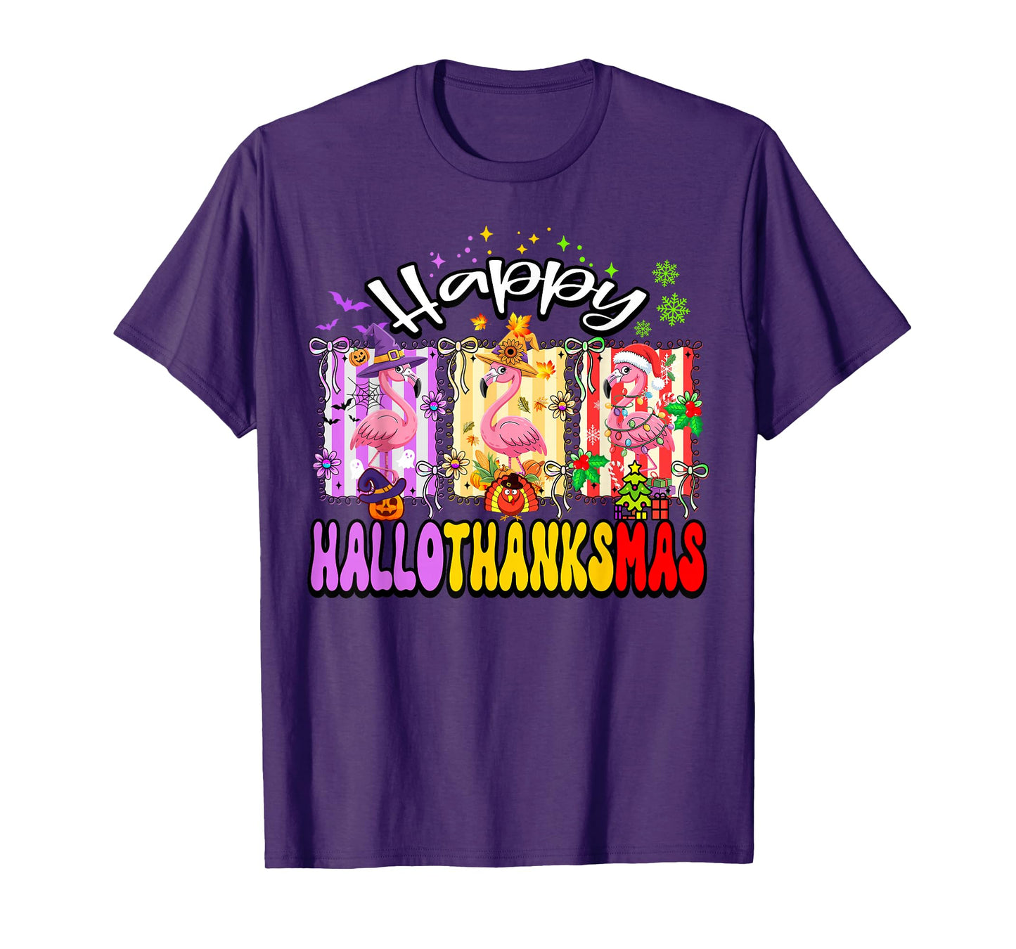 Hallothanksmas Flamingo Halloween Thanksgiving Christmas T-Shirt