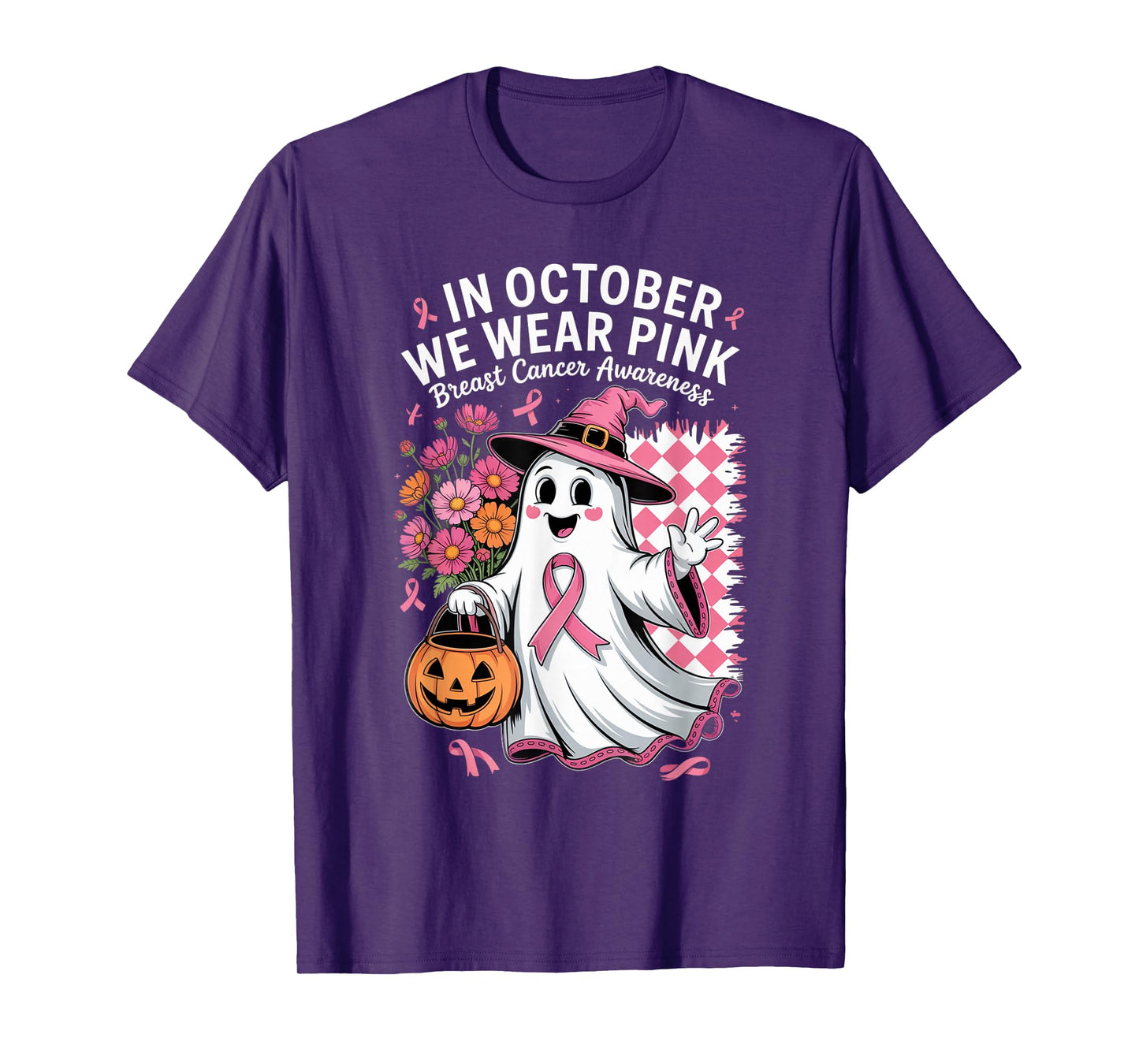 in October We Wear Pink Witchy Ghost Halloween Cool Artwork T-Shirt