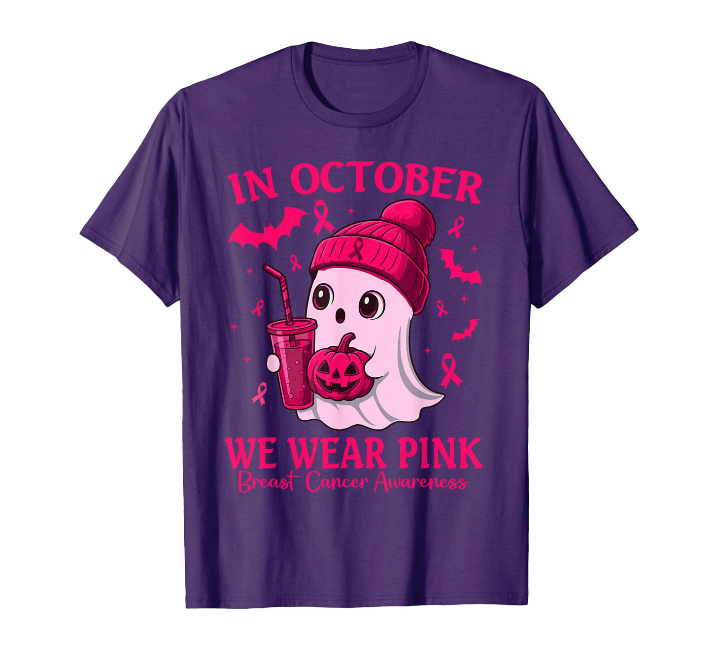 Breast Cancer Halloween Women in October We Wear Pink Ghost T-Shirt