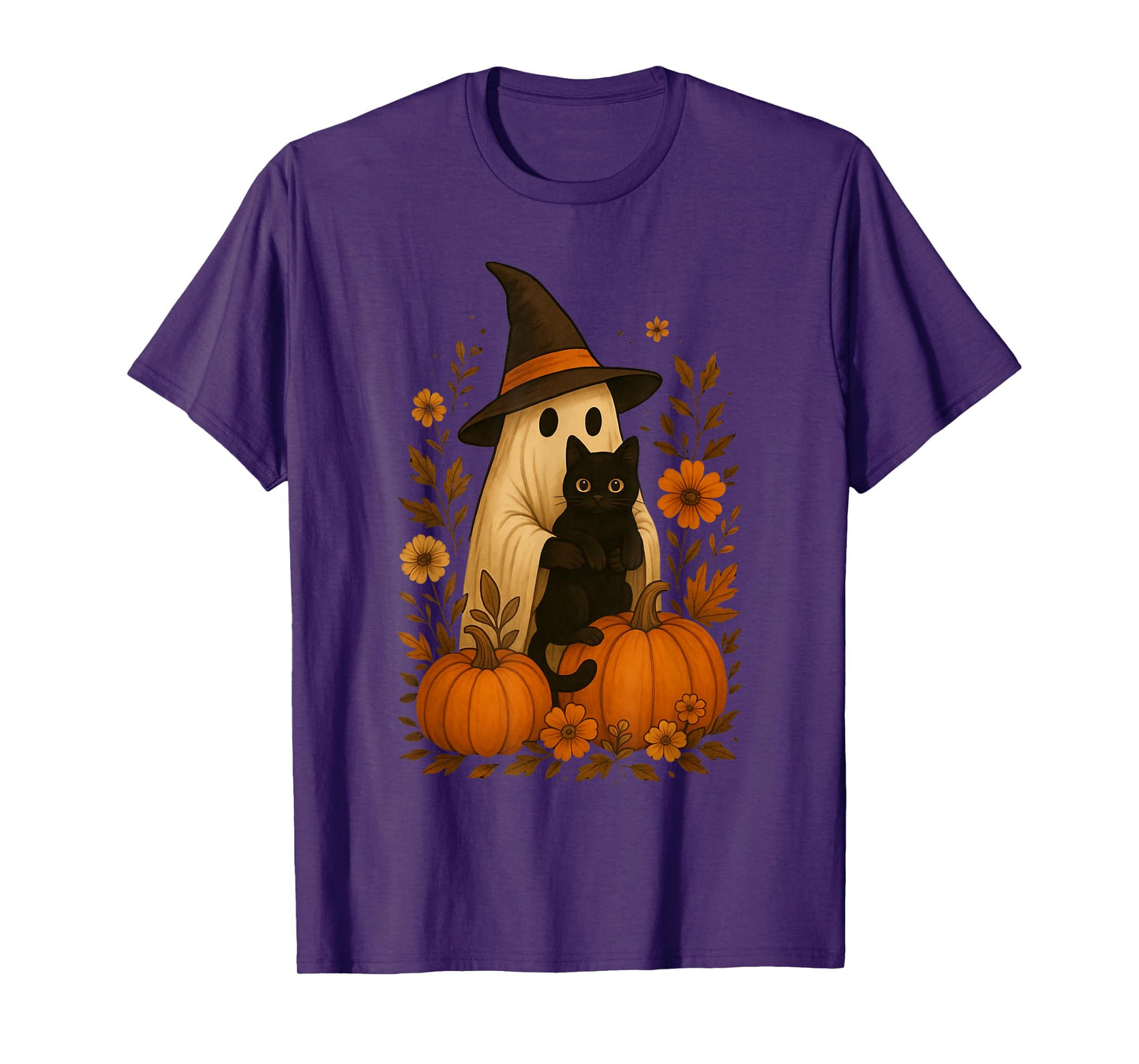 Vintage Ghost Witch Hat Black Cat Pumpkin Halloween Art T-Shirt