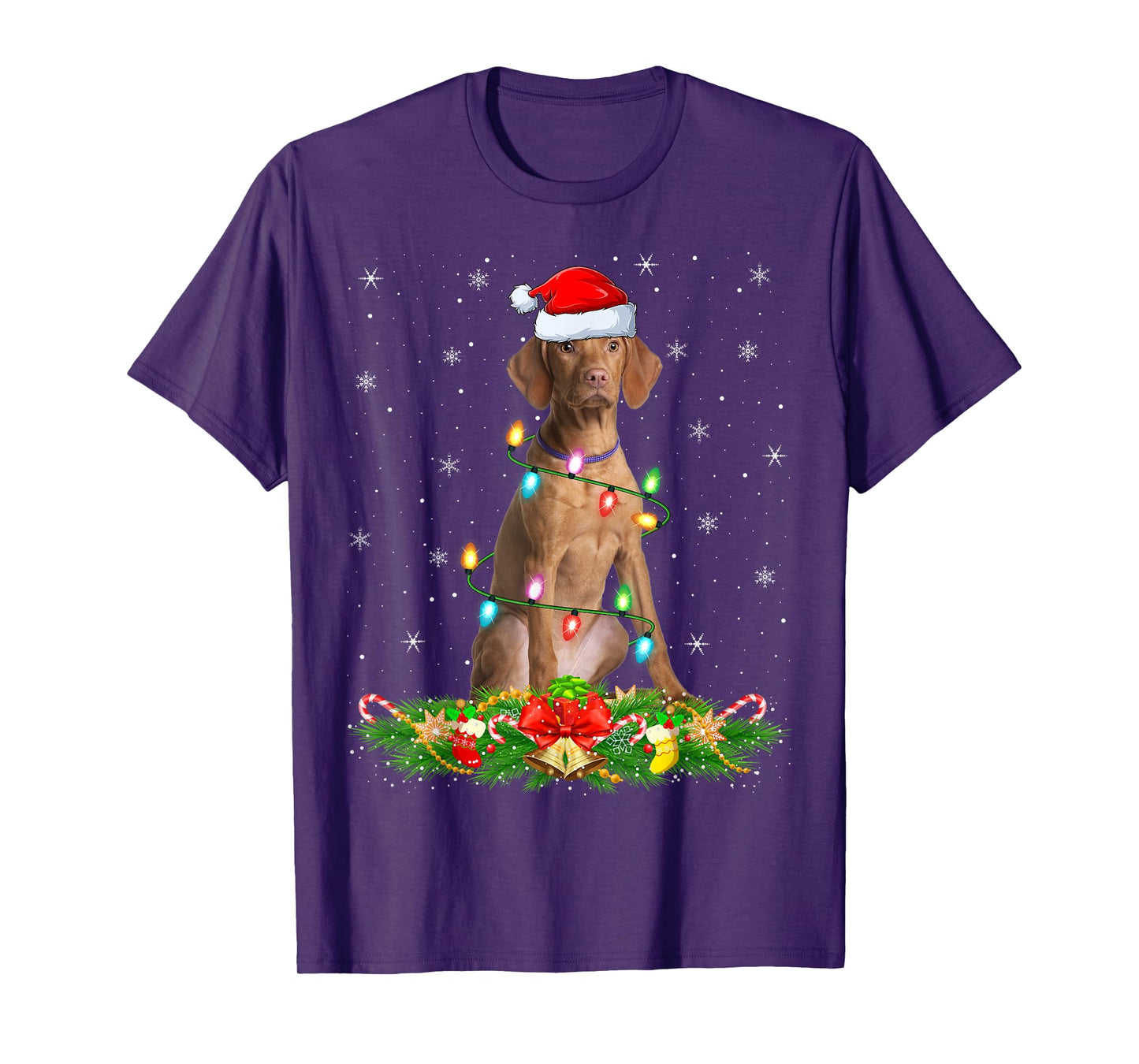 Vizsla Dog Christmas Lights Funny Santa Hat Xmas T-Shirt