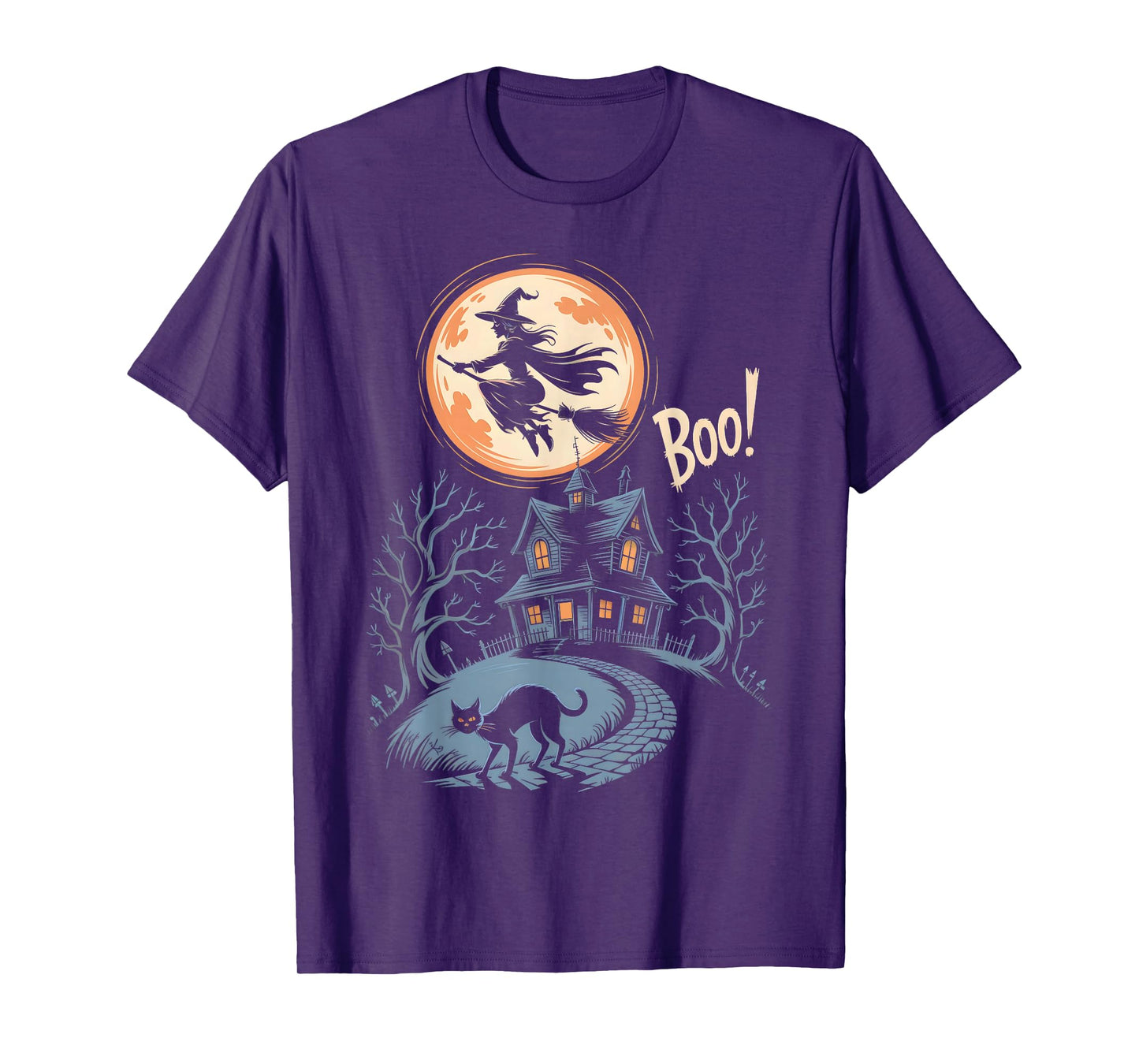 Witch Flying Over Haunted Spooky House Boo Halloween T-Shirt