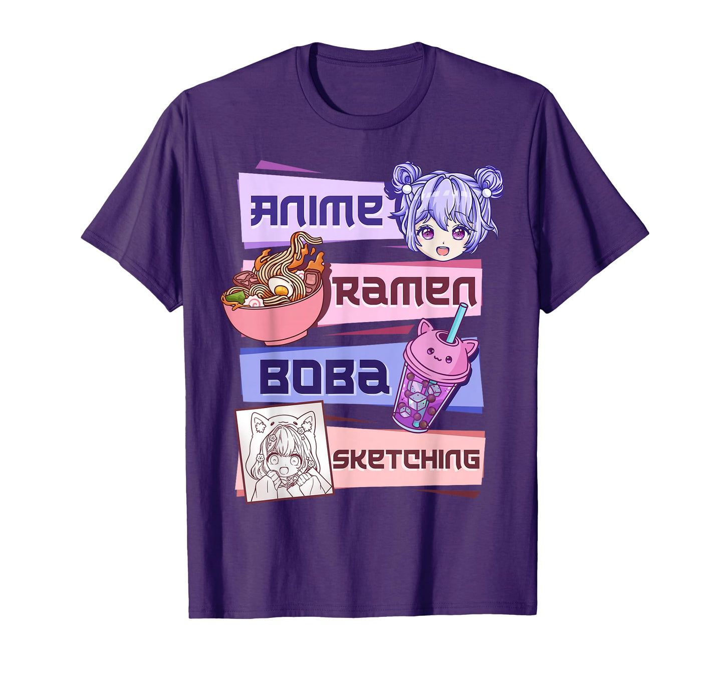 Anime Girl Ramen Boba Tea Bubble Tea Sketching T-Shirt