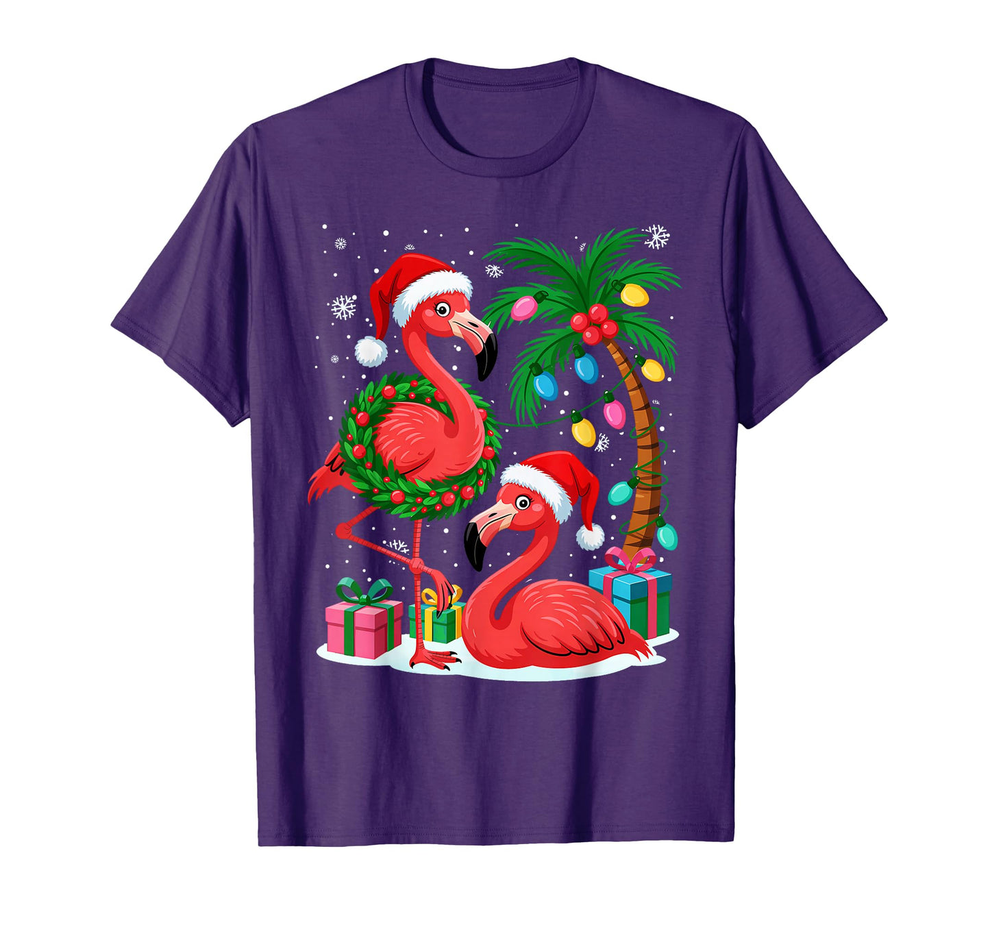 Christmas Flamingo Funny Santa by Sea Palm Tree Lights T-Shirt