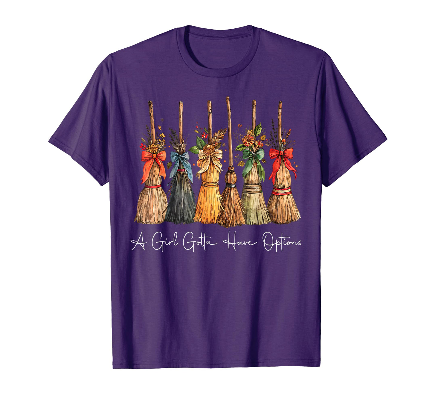 A Girl Gotta Have Options Halloween Witches Bow Floral Broom T-Shirt