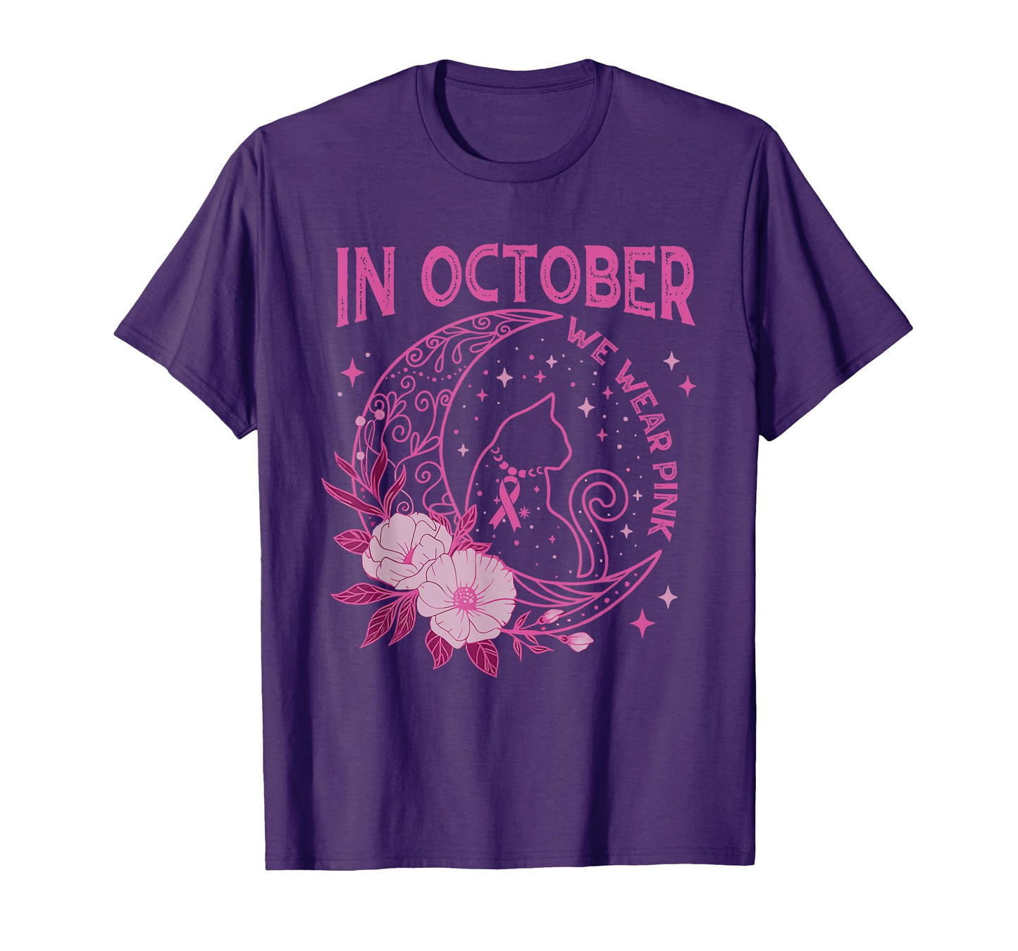 In October We Wear Pink Flower Cat Moon Graphic Tee Women T-Shirt