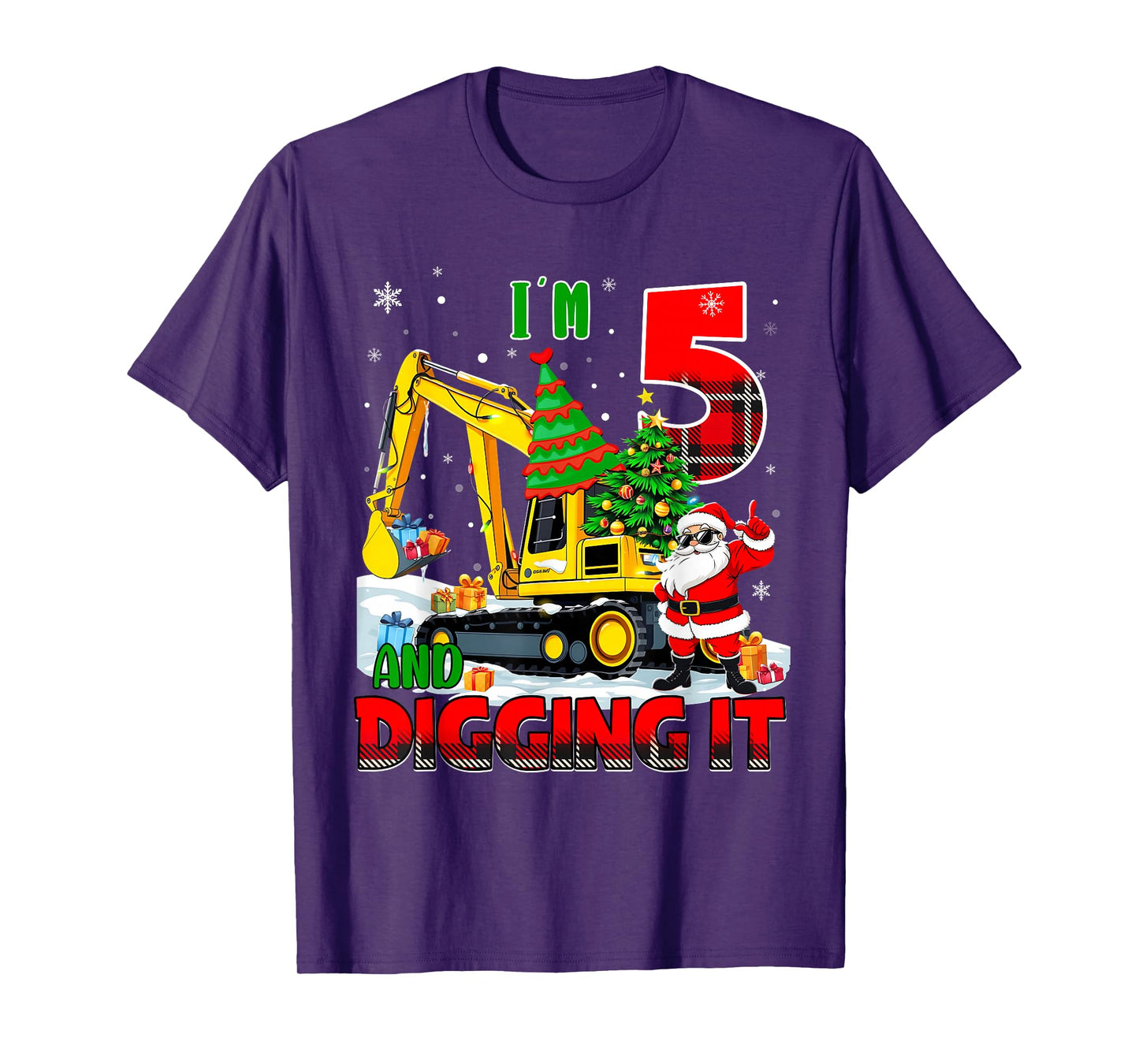 I'm 5 Construction 5th Birthday Kid Boy Xmas Excavator Santa T-Shirt