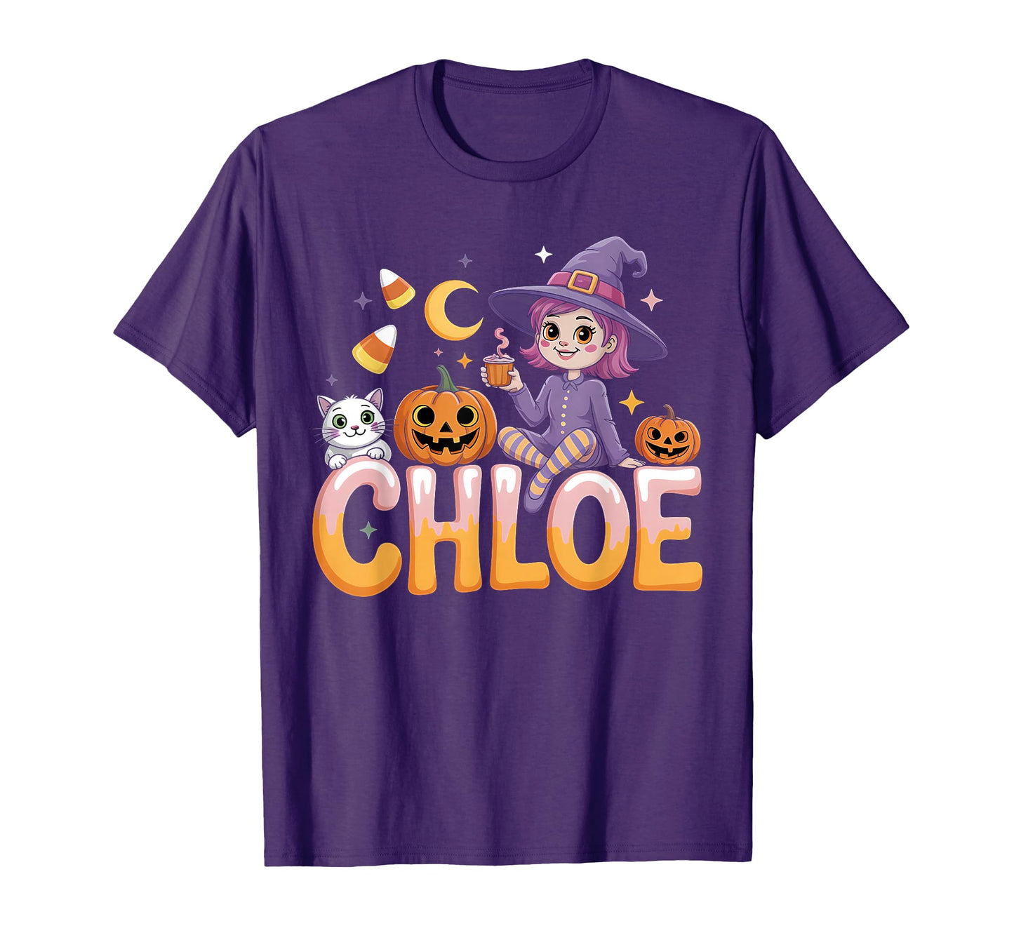 Chloe Witch Candy Corn Cat Halloween Women and Girls T-Shirt