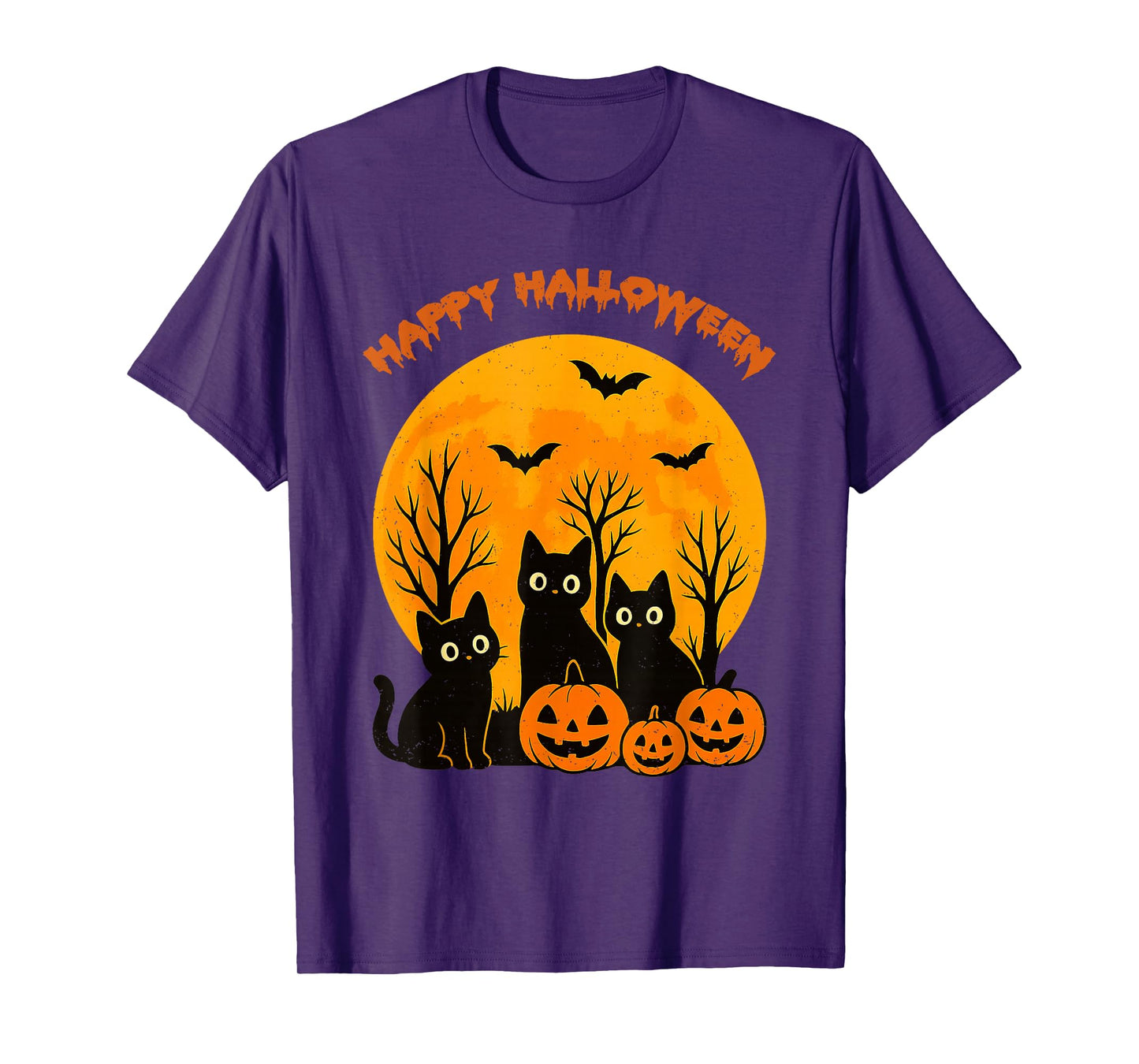 Black Cat Pumpkin Moon Bats Happy Halloween Kitten Lover T-Shirt