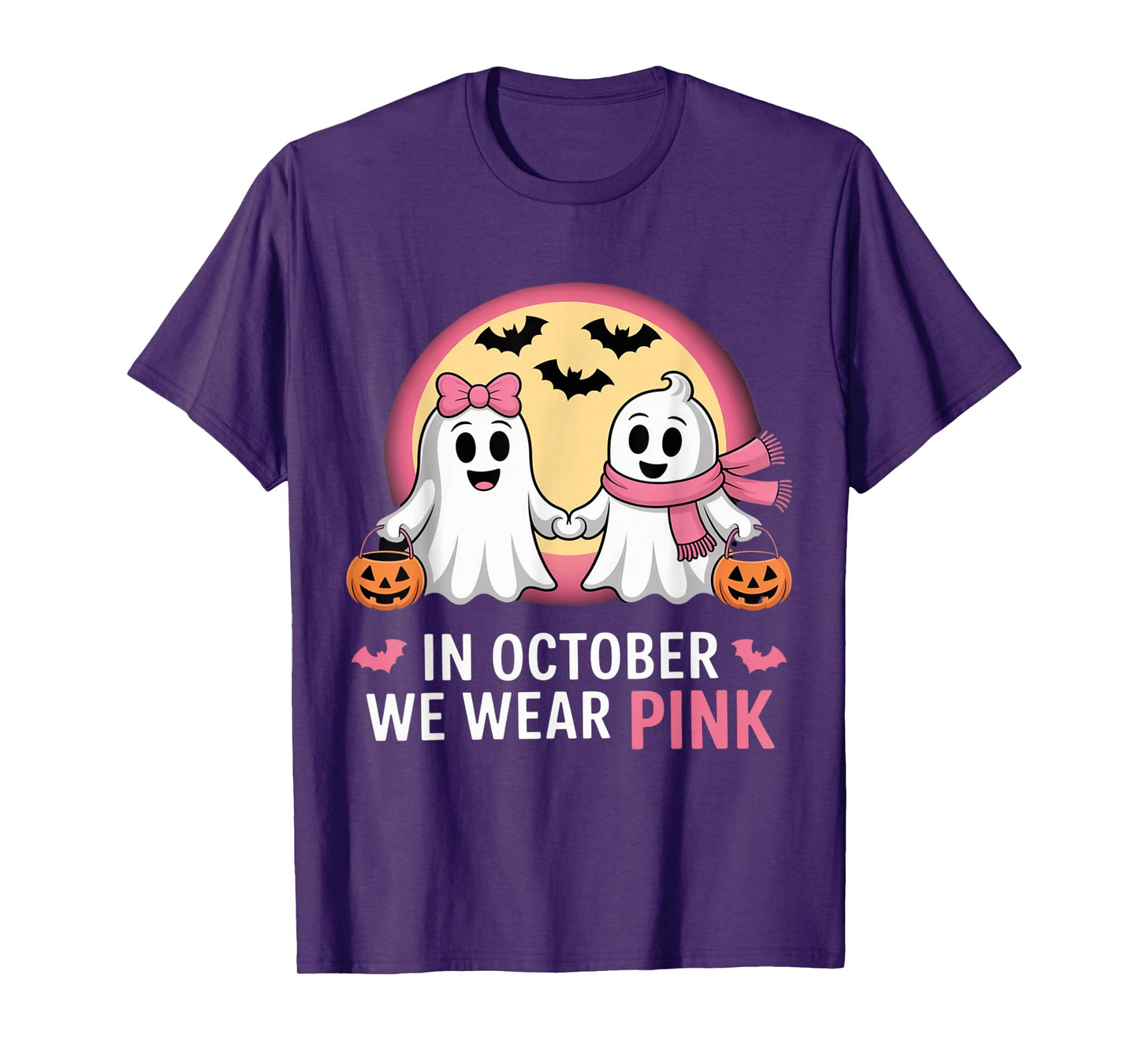 in October We Wear Pink Ghost Witch Breast Cancer Awareness T-Shirt