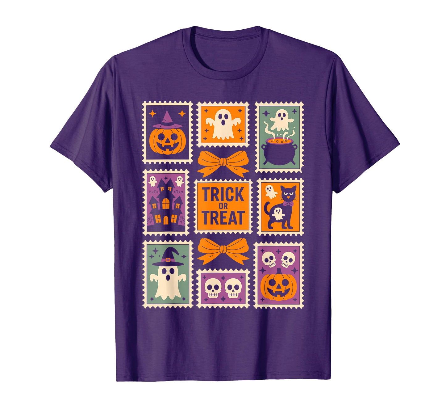 Halloween Stamps Spooky Pumpkin Ghost Cat Witch Skeleton T-Shirt