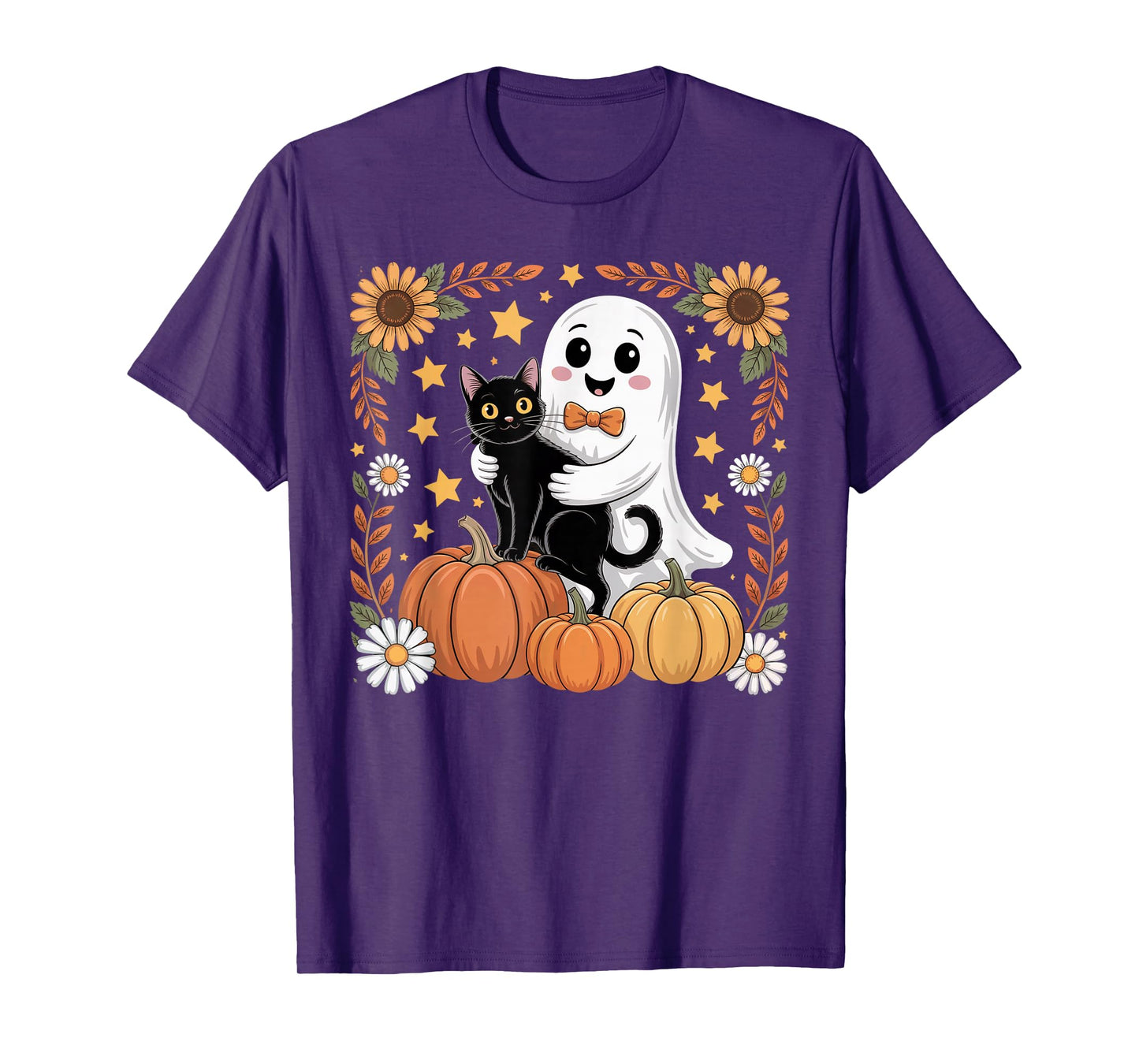 Womens Halloween Ghost Black Cat Ghost Halloween Girls T-Shirt
