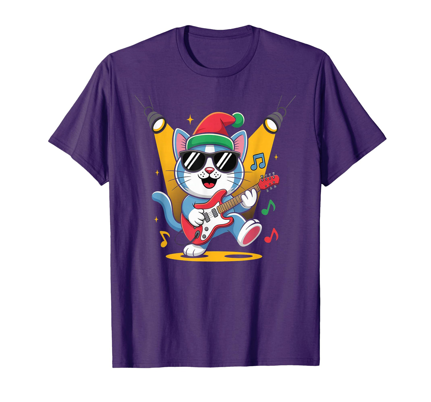 Christmas Santa Hat Cat Playing Guitar Rock and Roll T-Shirt