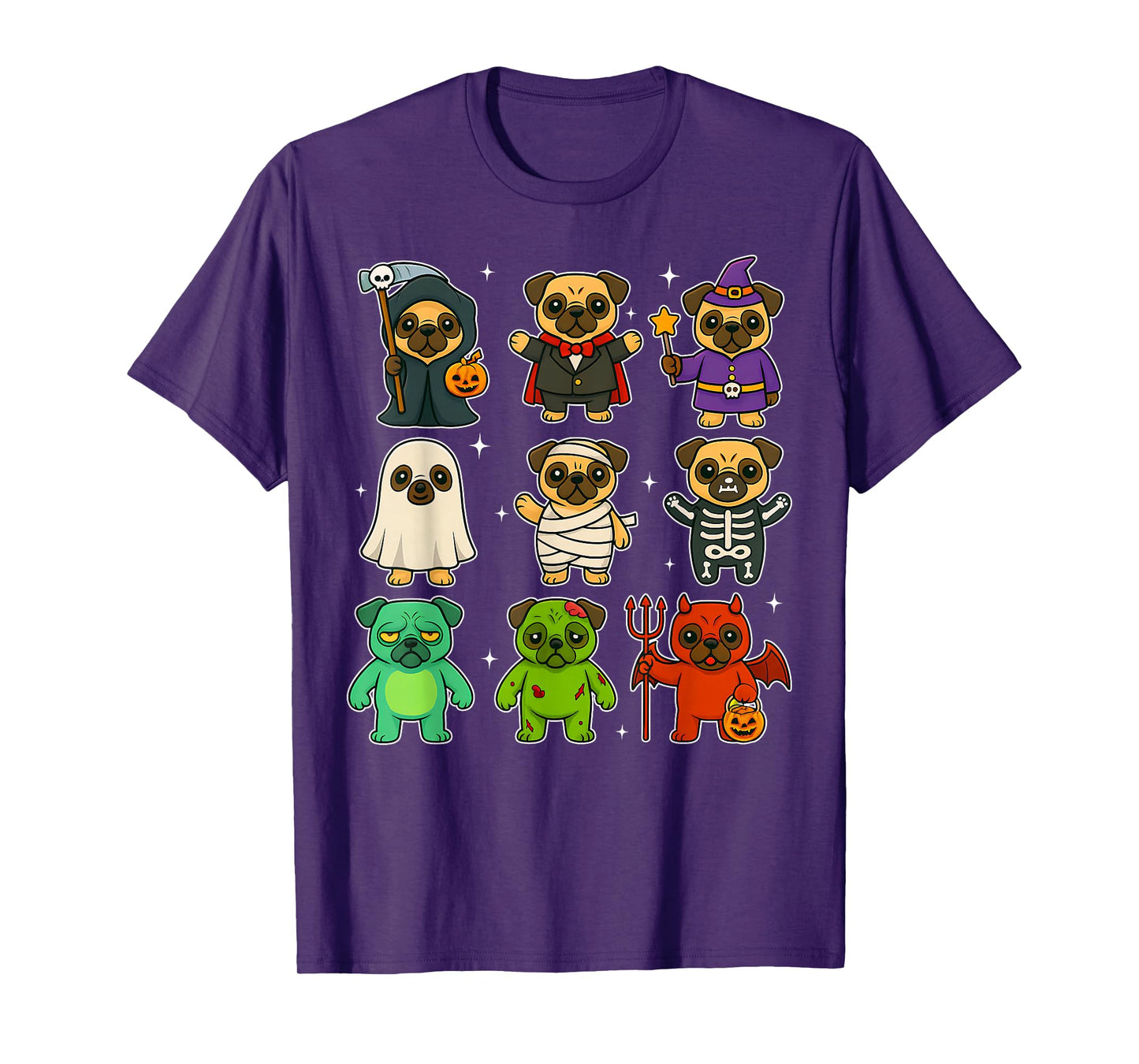 Cute Pug Dogs Witch Pumpkin Skeleton Costume Happy Halloween T-Shirt