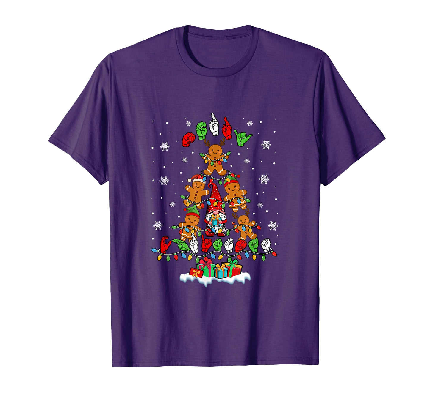 Merry Christmas ASL Colorful Gnomes Gingerbreads Xmas Tree T-Shirt
