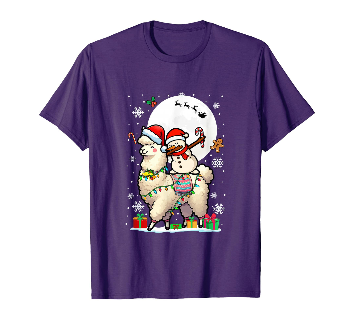 Dabbing Snowman On Llama Christmas Santa Colorful Lights T-Shirt