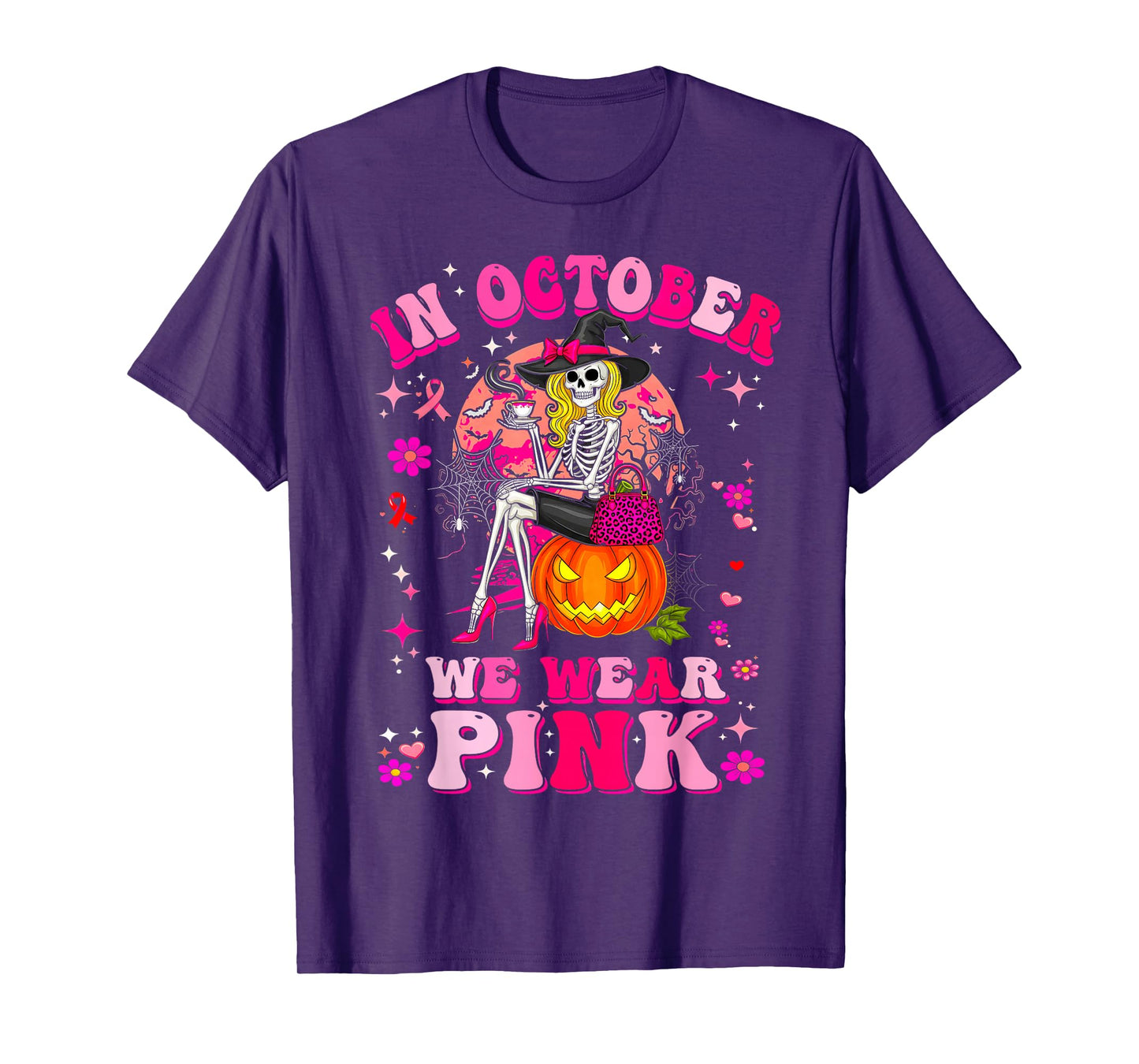 Halloween Breast Cancer Awareness Spooky Skeleton Witch T-Shirt