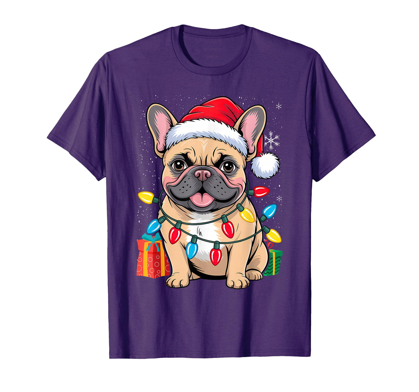 Frenchie Santa Hat & Christmas Lights Cute French Bulldog T-Shirt