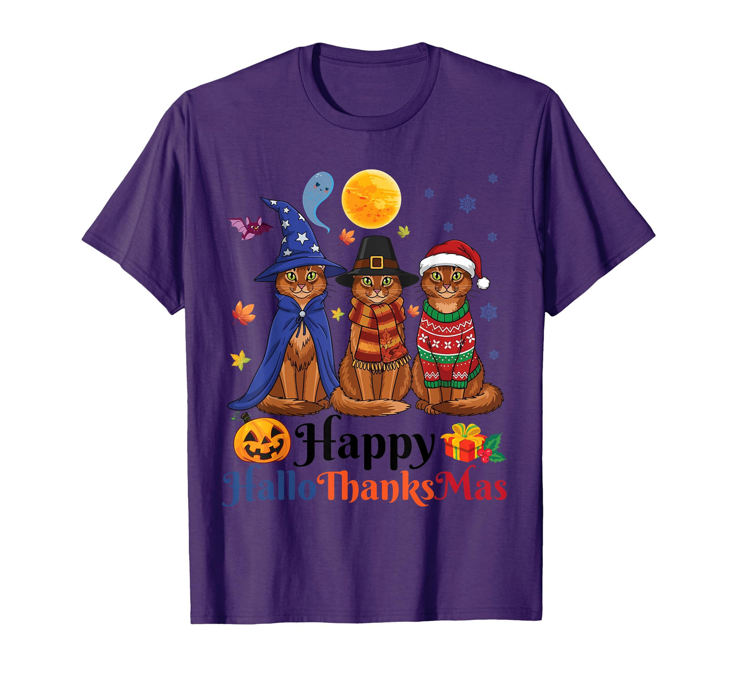 HalloThanksMas Somali Cats Halloween Thanksgiving Christmas T-Shirt