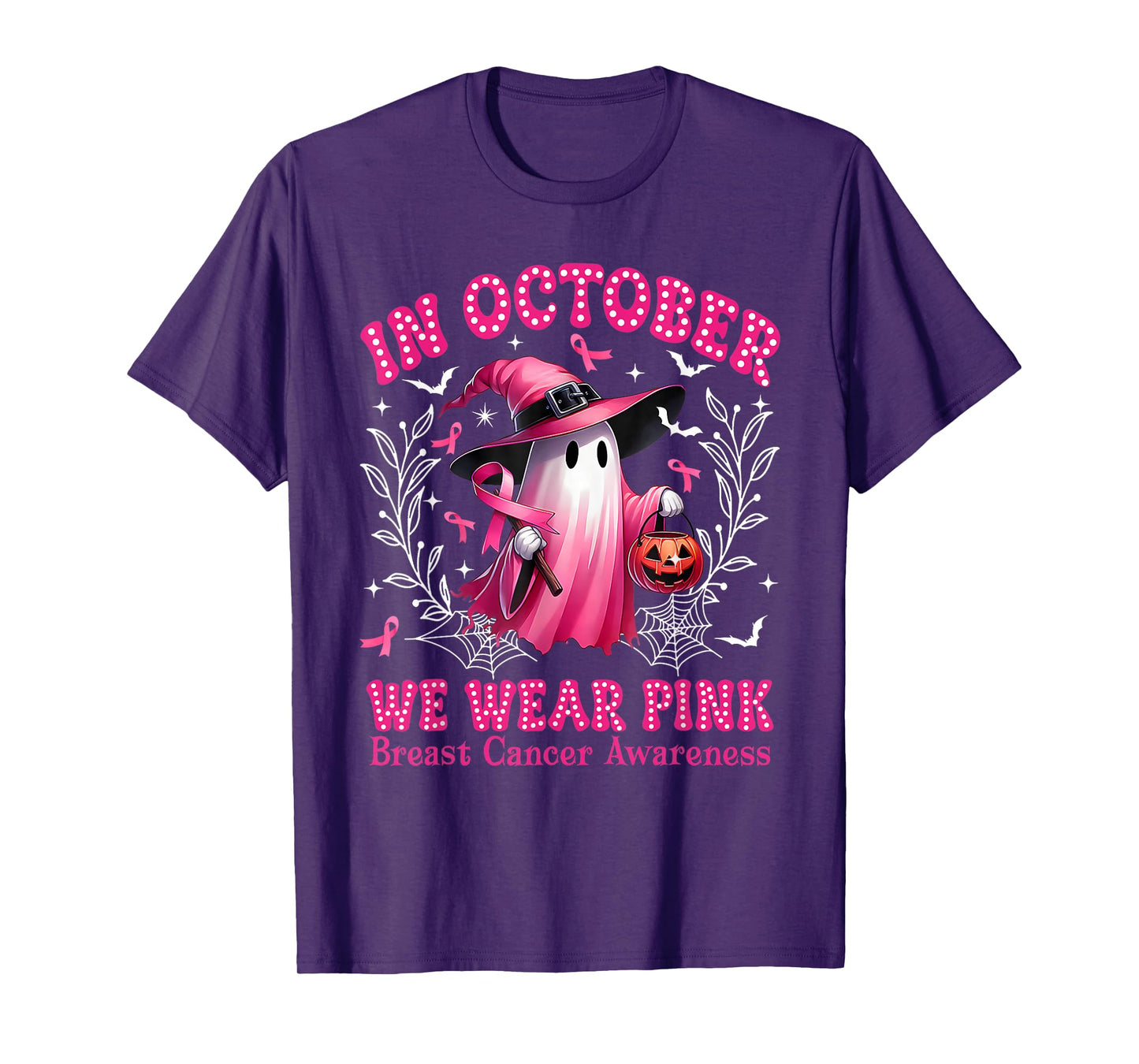 in October We Wear Pink Women Ghost Breast Cancer Awareness T-Shirt