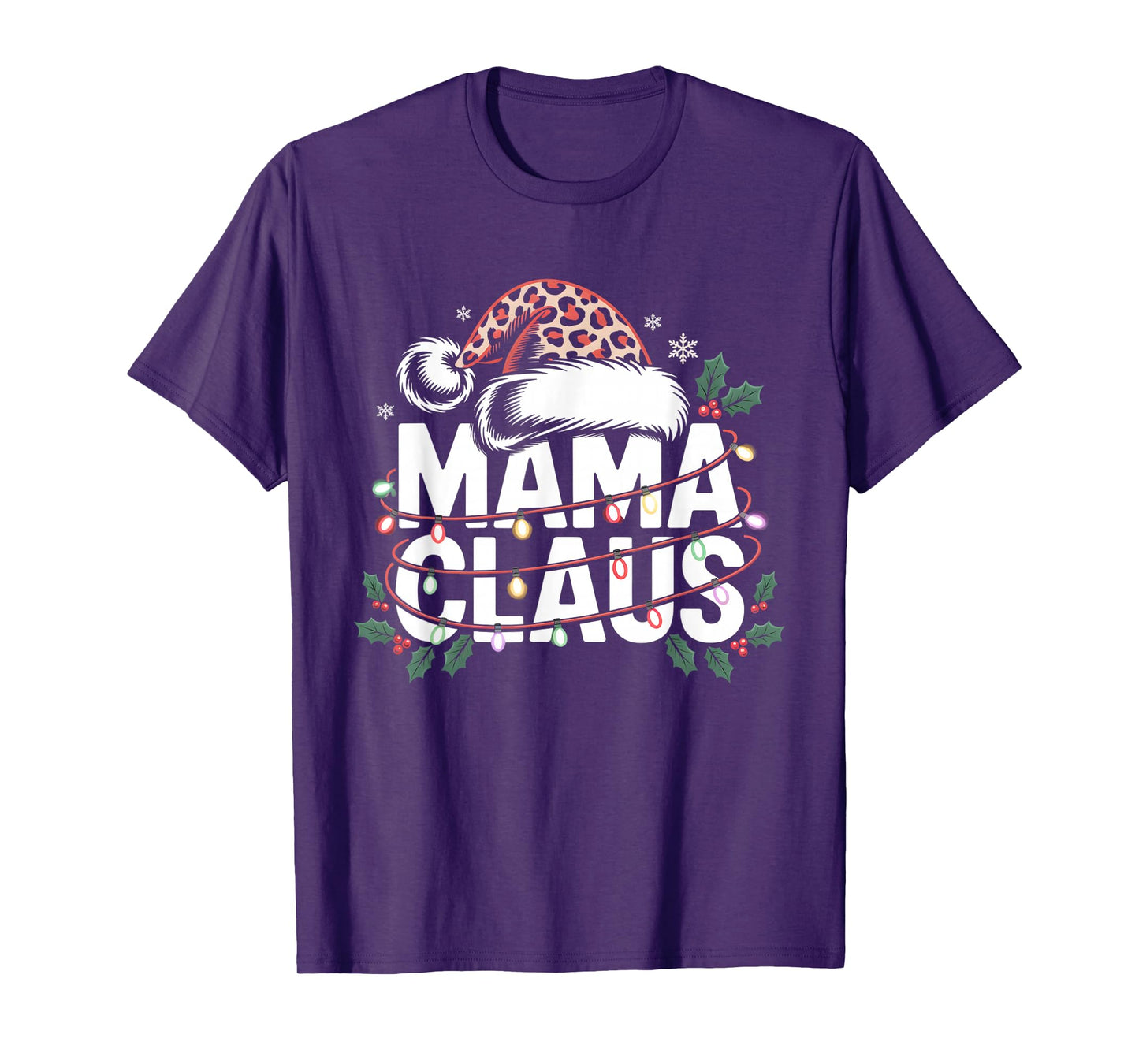 Mama Claus Leopard Santa Hat Christmas Lights Women Mom T-Shirt