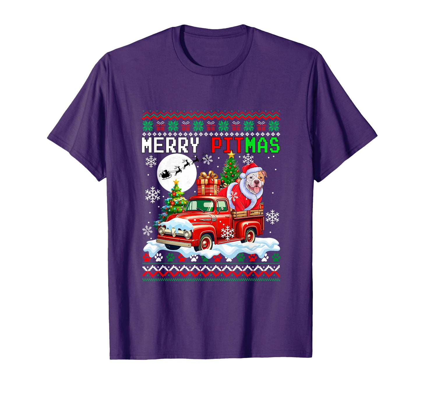 Merry Christmas Sweater Santa Pit Bull On Pickup Truck T-Shirt