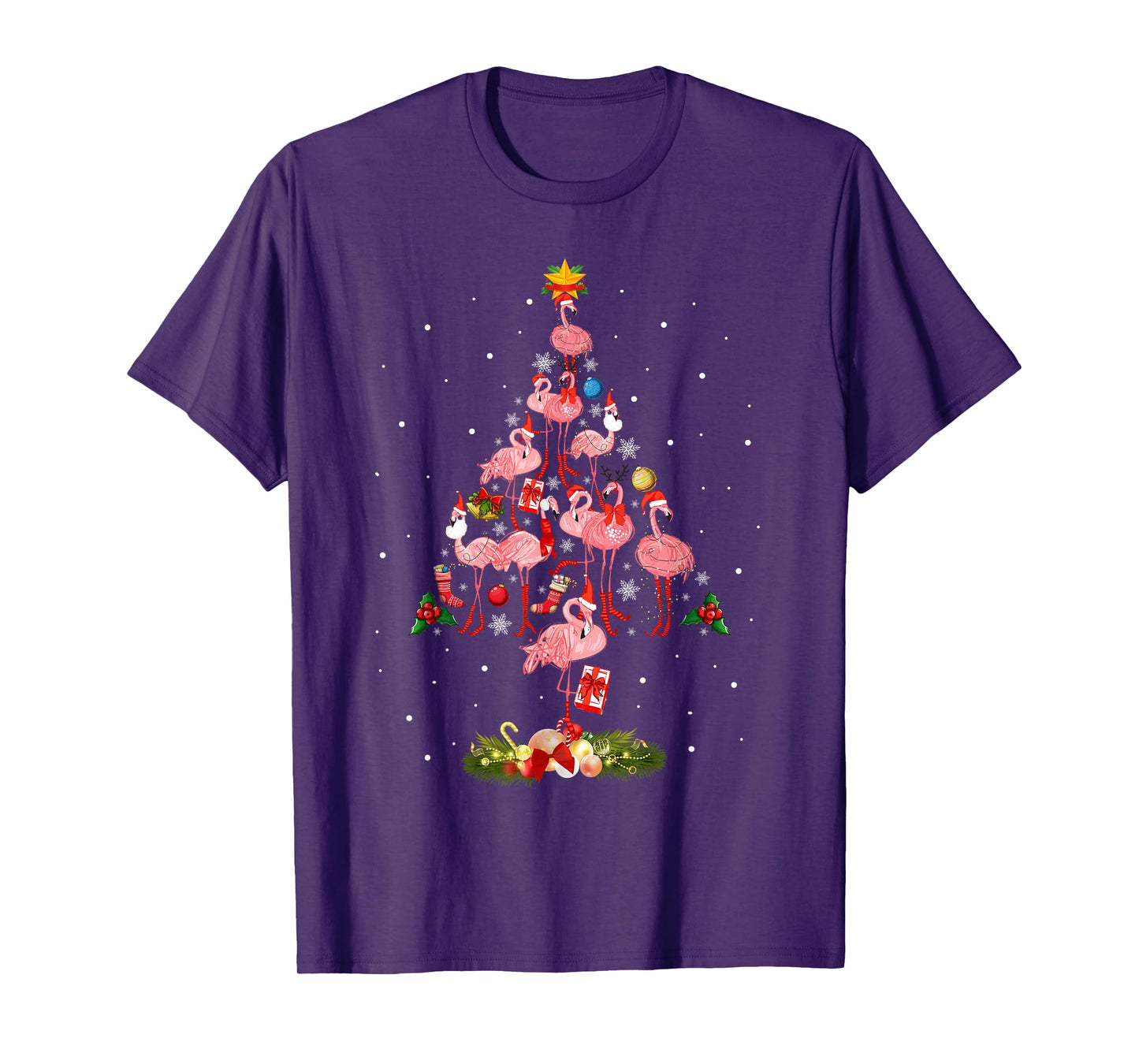 Pink Flamingo Santa Merry Christmas Tree Lights Xmas Womens T-Shirt