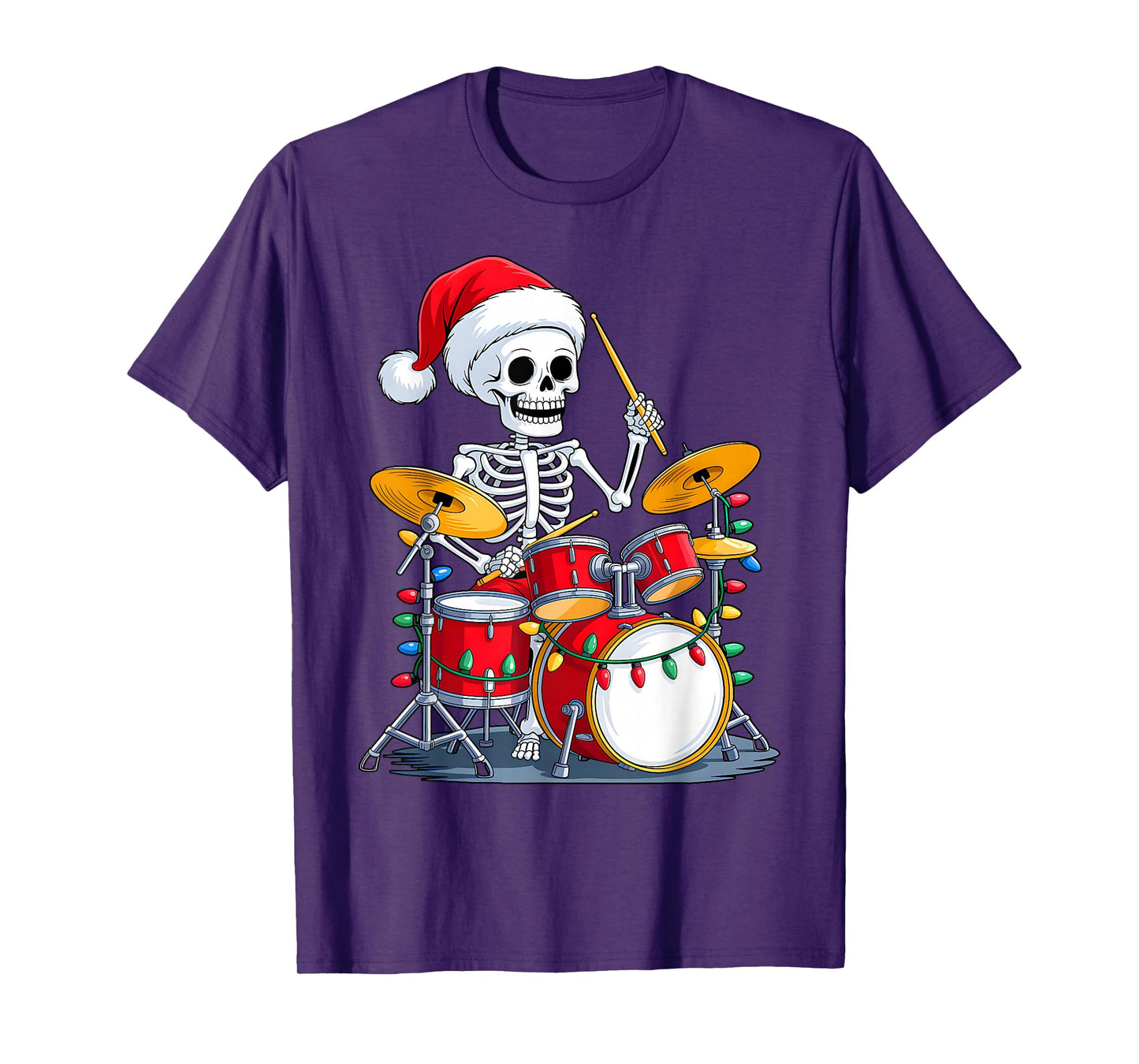 Santa Skeleton Playing Drum Percussionist Drummer Christmas T-Shirt