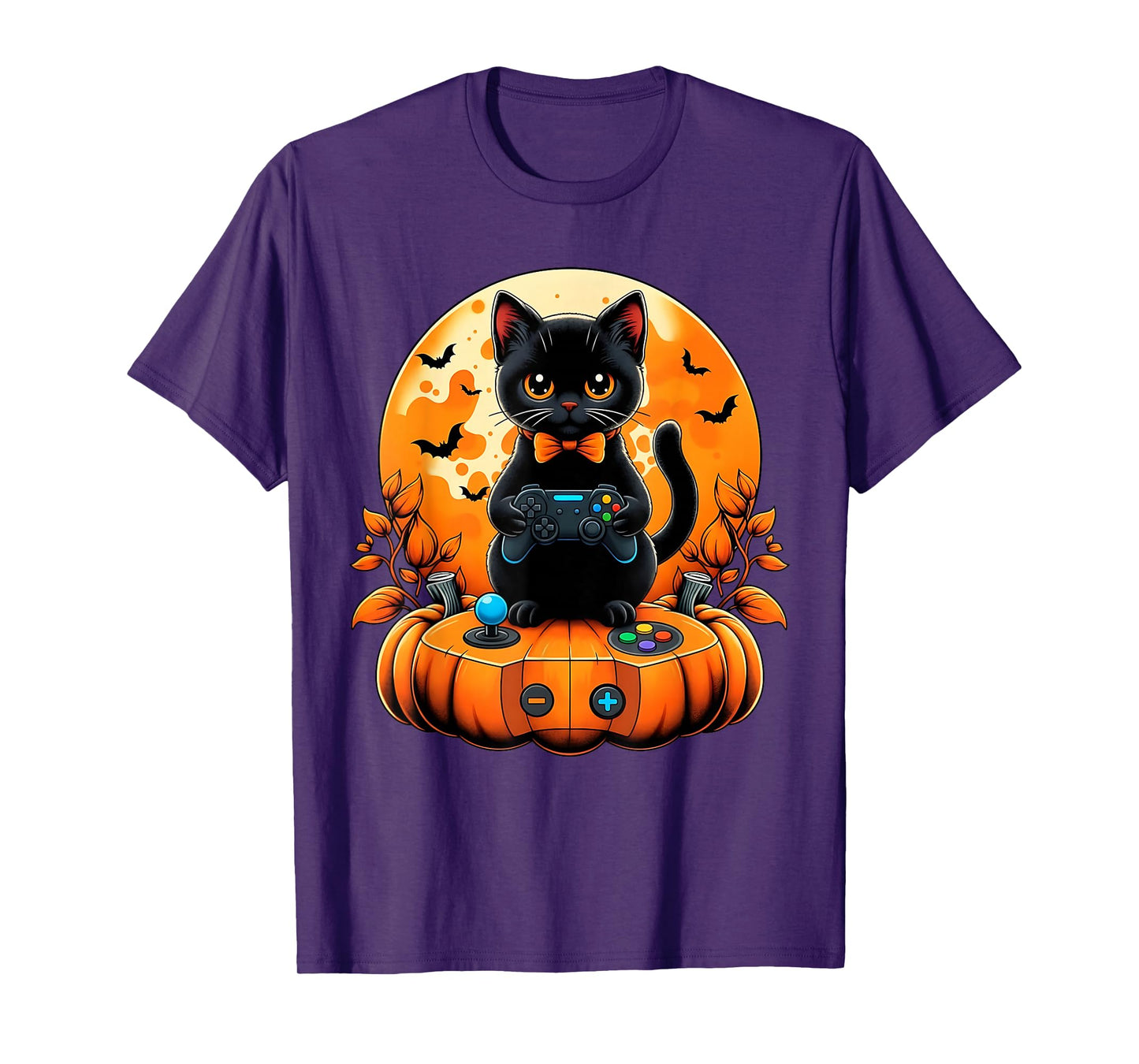 Retro Black Cat Halloween Gaming Fall Autumn Pumpkin Spooky T-Shirt