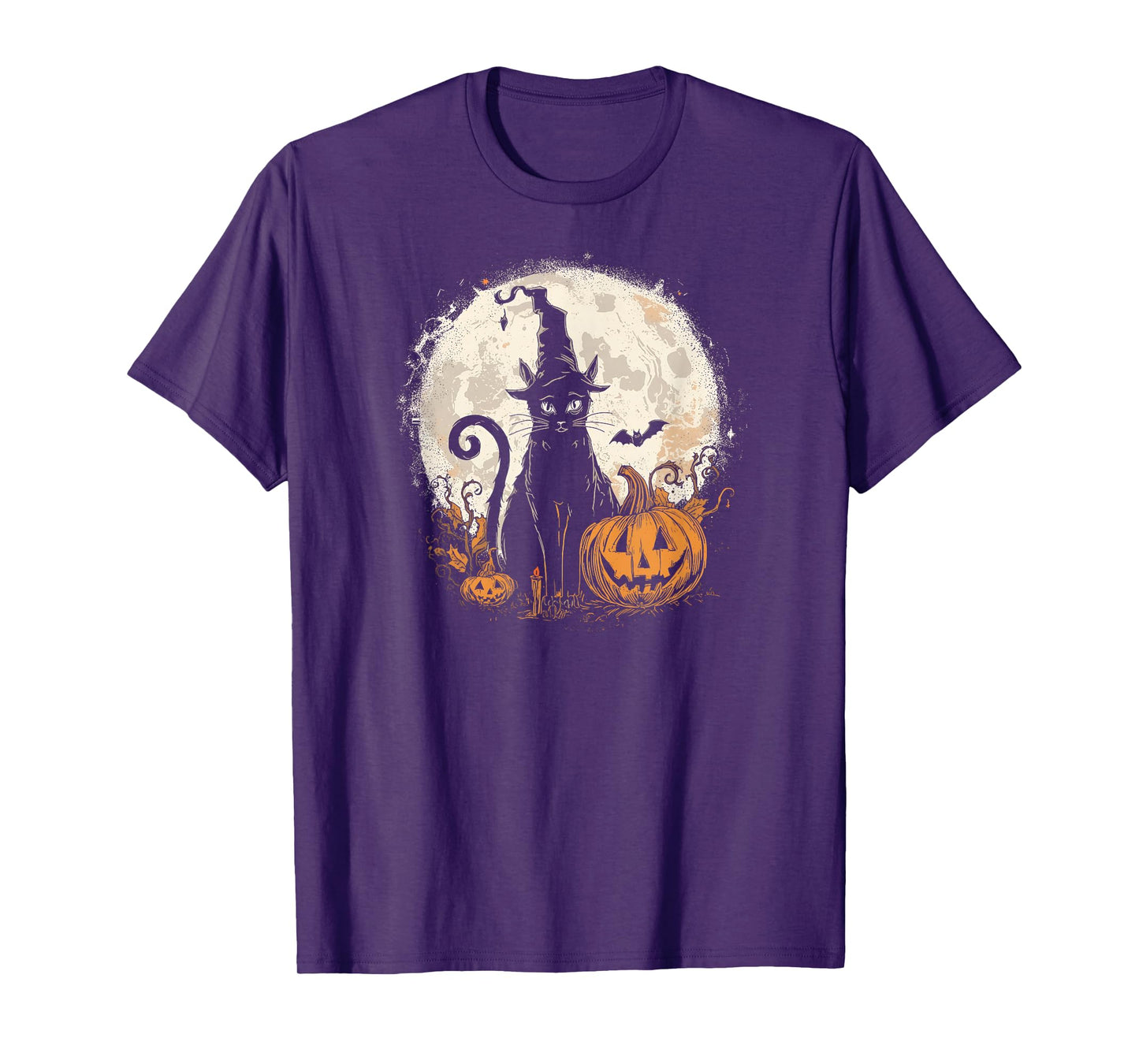 Spooky Black Cat, Witch Hat, Carved Pumpkin and Full Moon T-Shirt