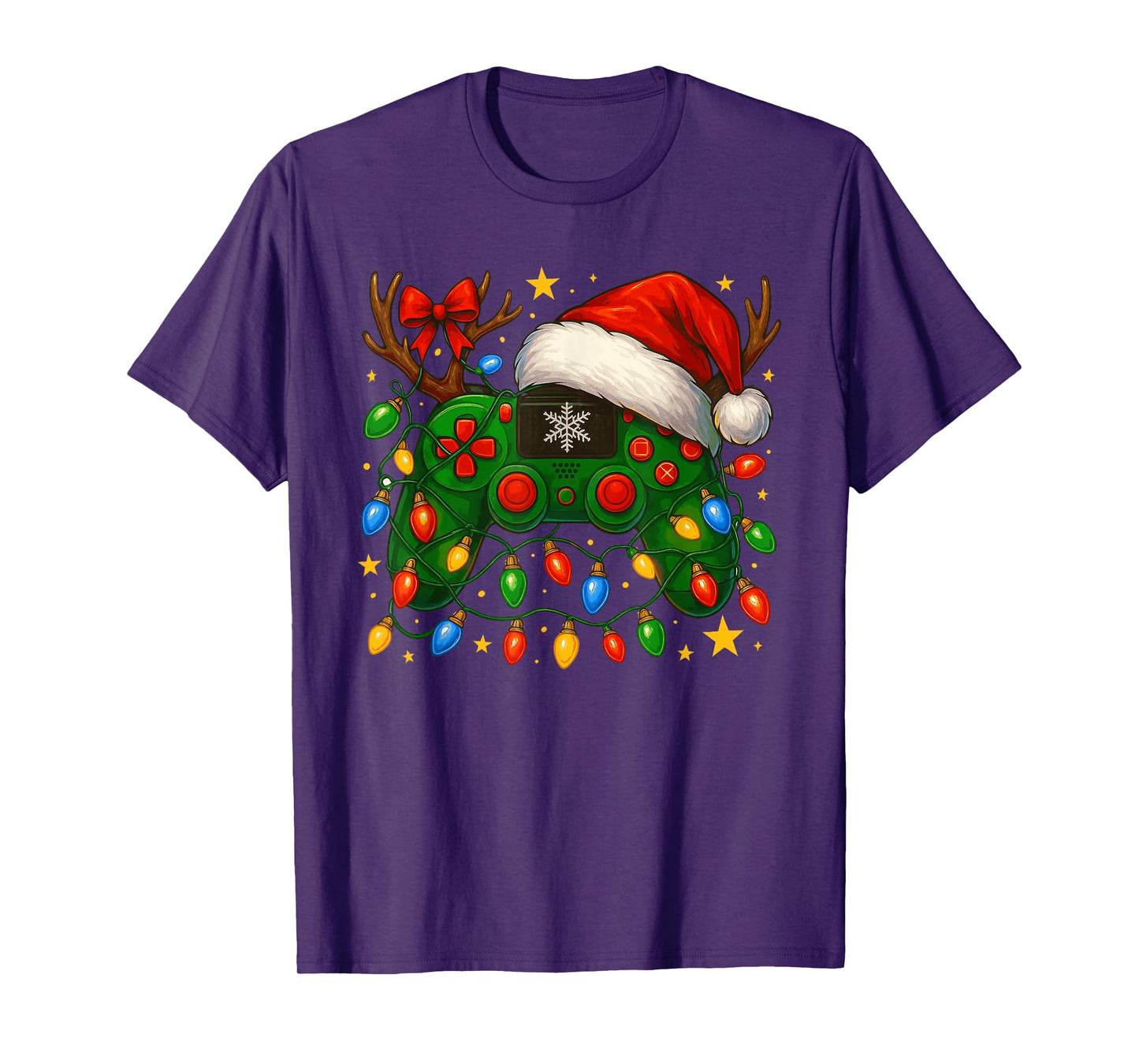 Video Game Controller Christmas Lights Santa Hat Reindeer T-Shirt