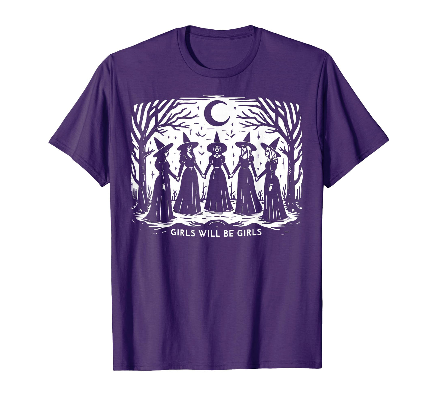 Vintage Witchy Girls Holding Hands Under Moonlight Spooky T-Shirt
