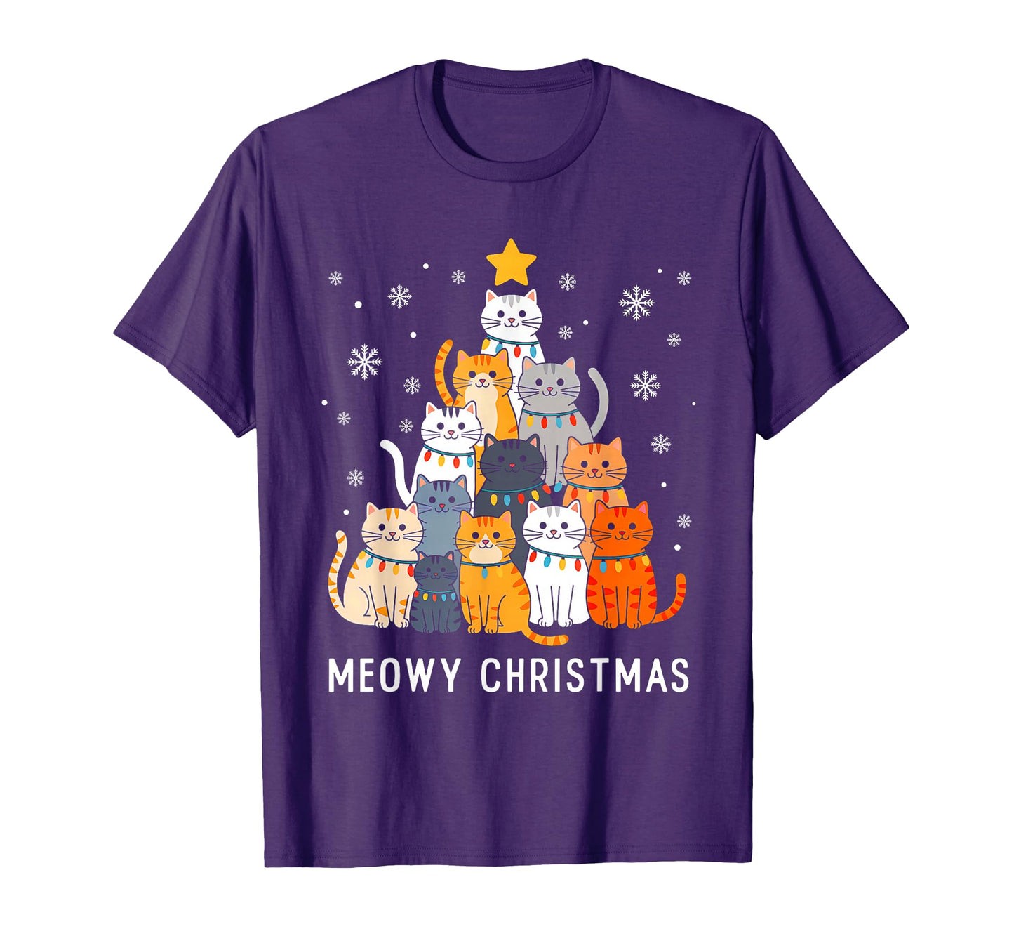 Cute Cat Meowy Christmas Tree Lights Santa Hat Xmas Pajamas T-Shirt