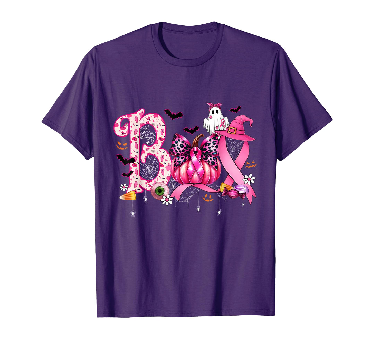 Boo Halloween Pumpkin Pink Ribbon Witch Breast Cancer T-Shirt