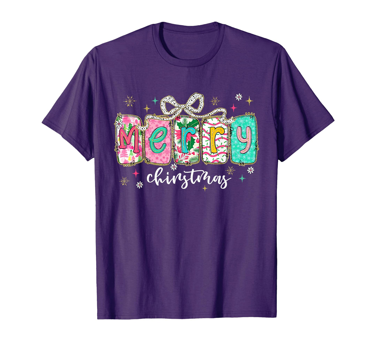 Colorful Preppy Merry Christmas Funny Coquette Bow Girly T-Shirt