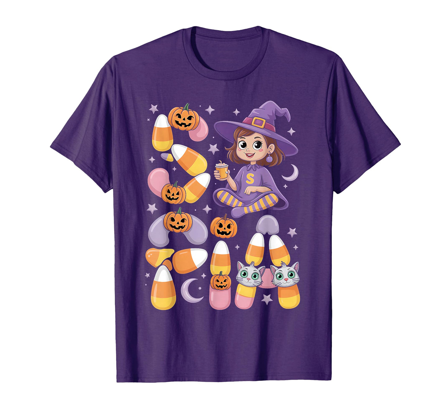 Sofia Witch Candy Corn Cat Halloween Women and Girls T-Shirt