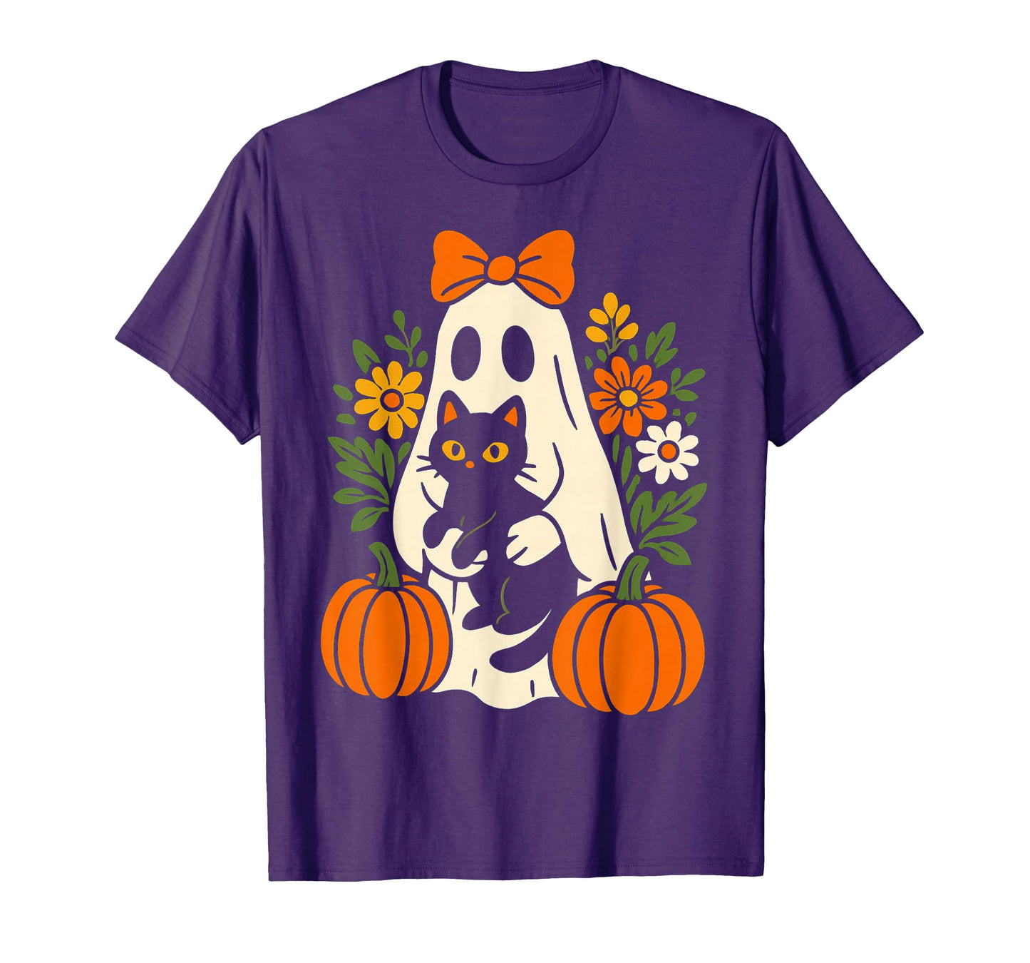 Vintage Groovy Floral Ghost Holding Black Cat Halloween T-Shirt