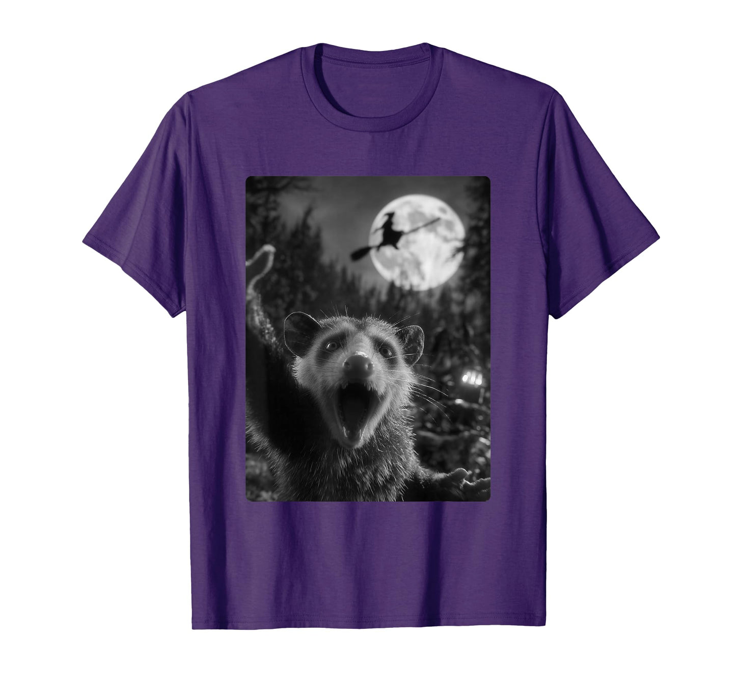 Funny Opossum Selfie Full Moon Flying Witch Forest Halloween T-Shirt