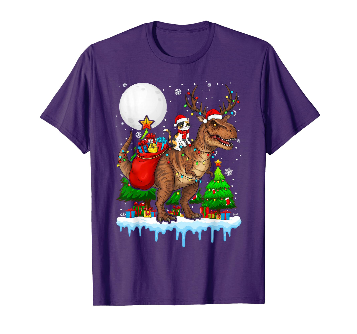 Cat Santa Hat Riding Dinosaur T rex Moon Christmas Xmas T-Shirt