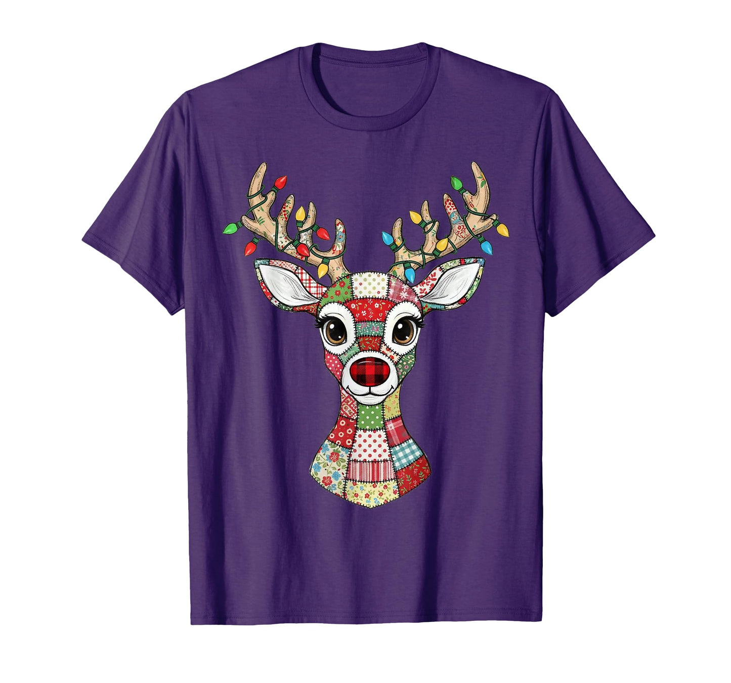 Patchwork Rudolph Christmas Deer Lights Vintage Retro T-Shirt