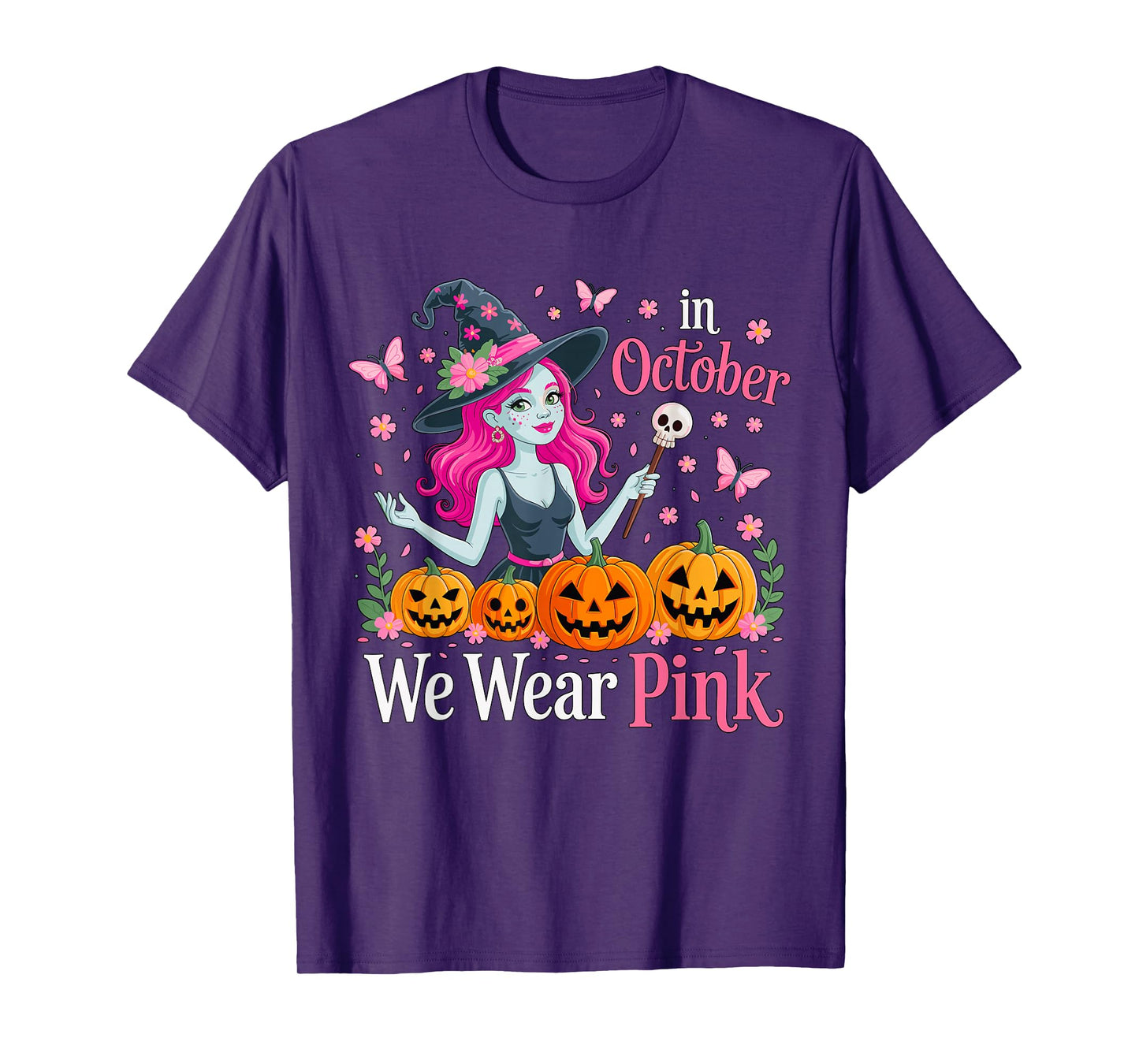 in October We Wear Pink Breast Cancer Witch Halloween T-Shirt