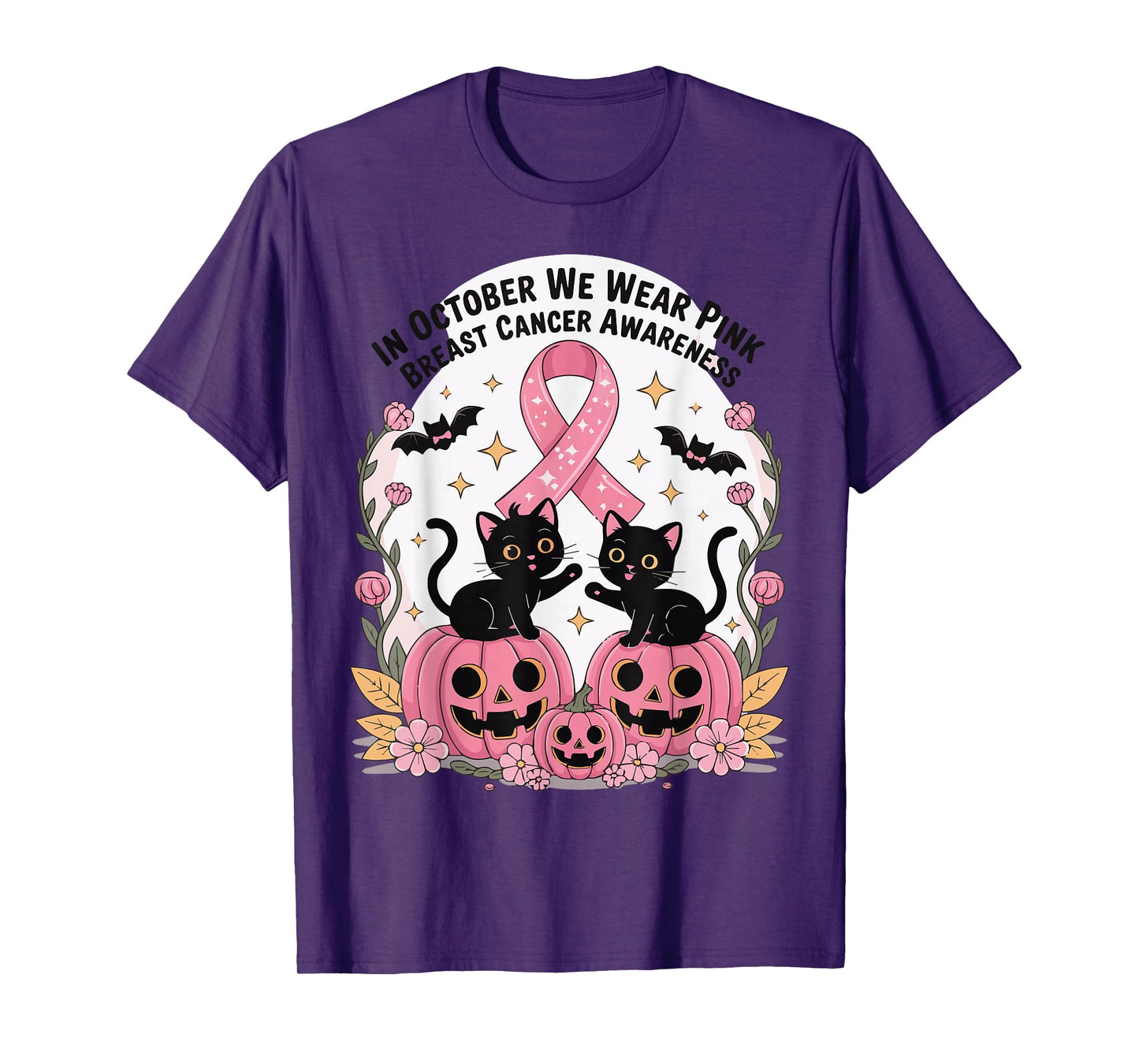 in October We Wear Pink Ghost Witch Breast Cancer Awareness T-Shirt