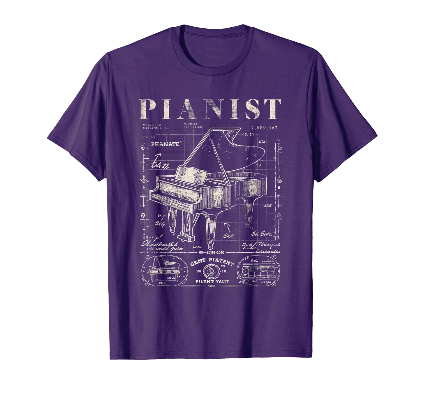 Old Grand Piano Shirt Vintage Patent Drawing Print Pianist T-Shirt
