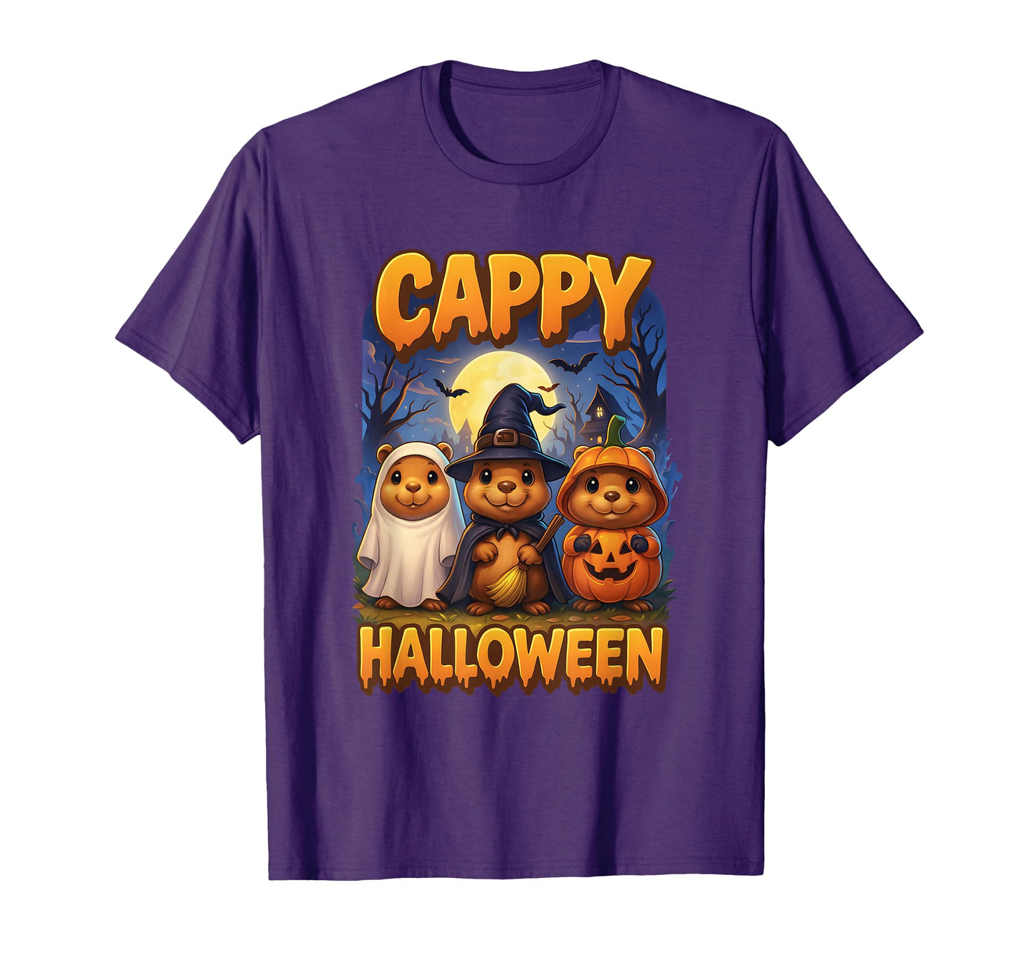 Cappy Halloween Funny Three Capybara Ghost Witch Pumpkin T-Shirt