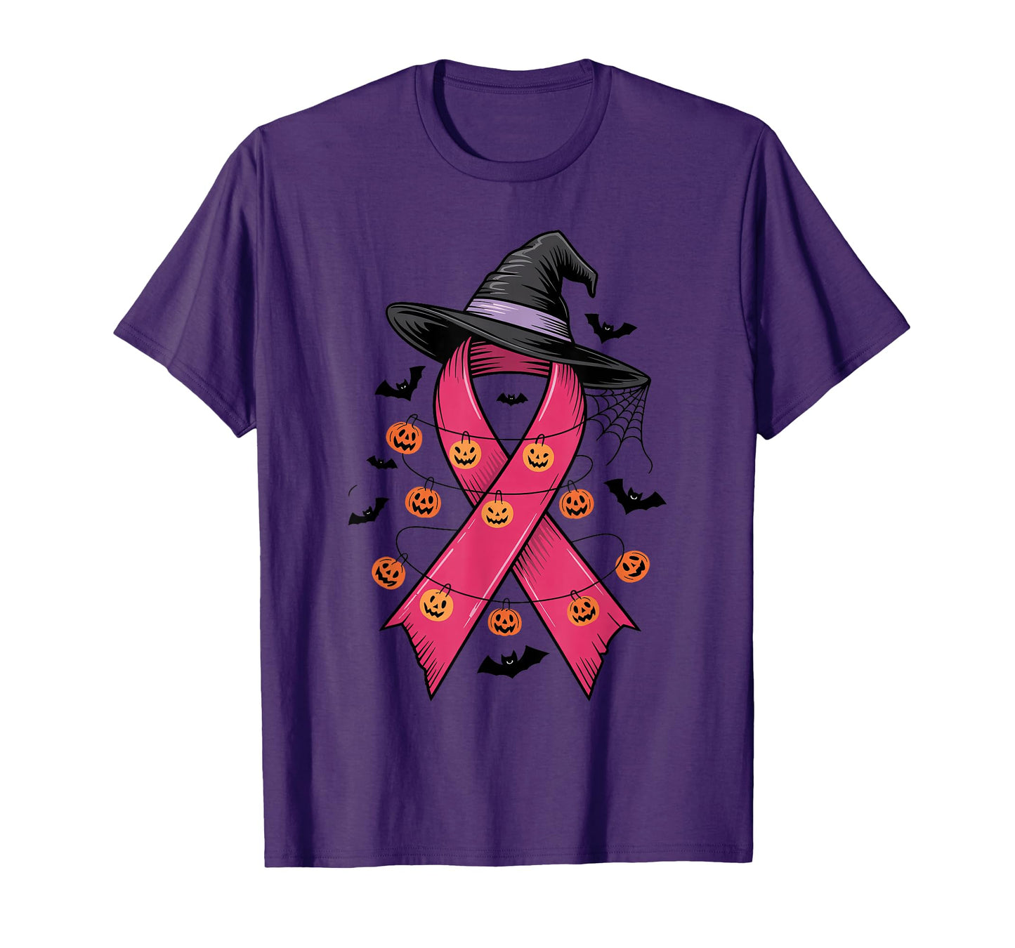 Pink Ribbon Witch Hat Halloween Pumpkins Bats Breast Cancer T-Shirt